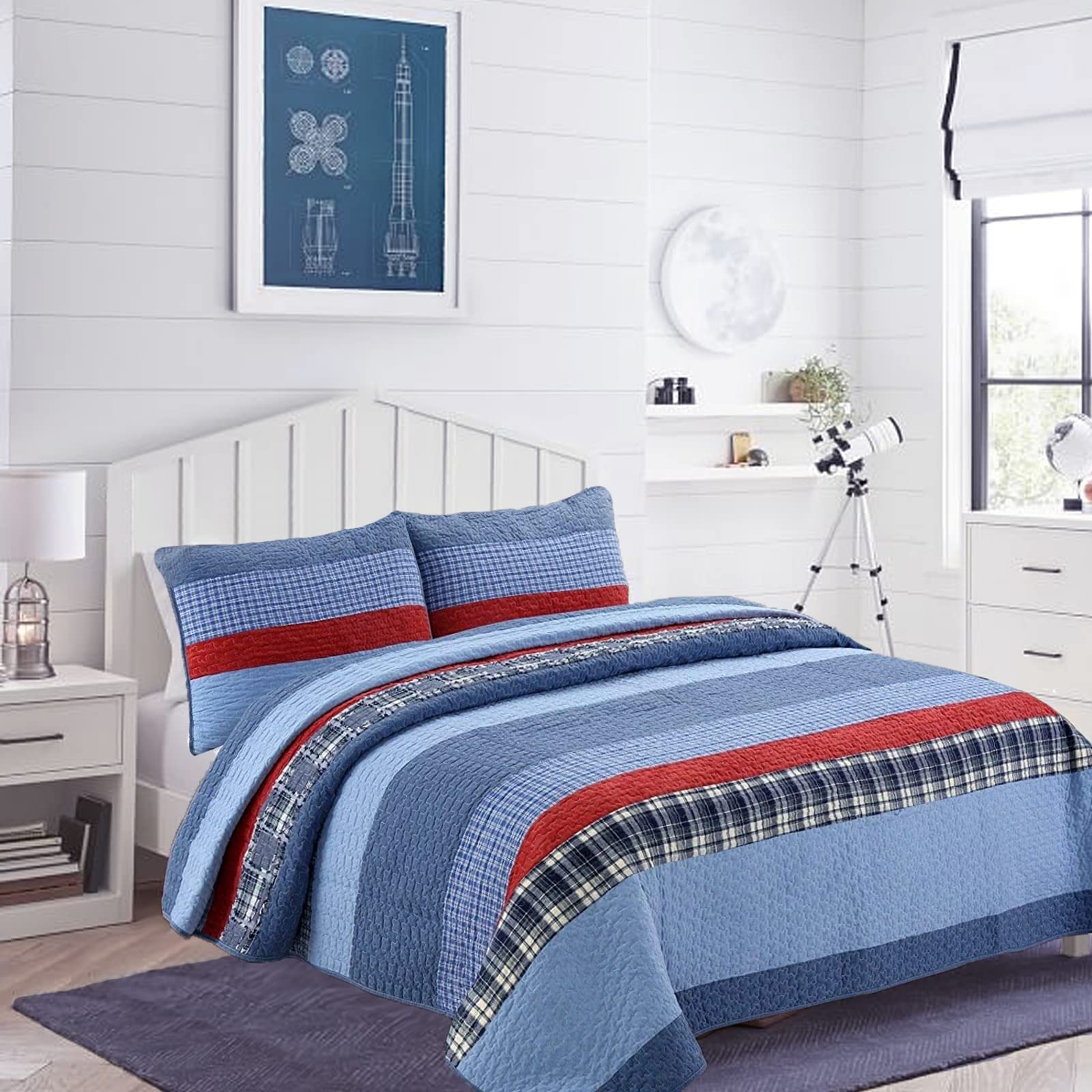 Cozy Line Home Fashions Benjamin Cute Dinosaur Plaid Navy Blue White Grey Bedding Quilt Set 100% Cotton Reversible Coverlet Bedspread Set for Kids Boy(Twin - 2 Piece)