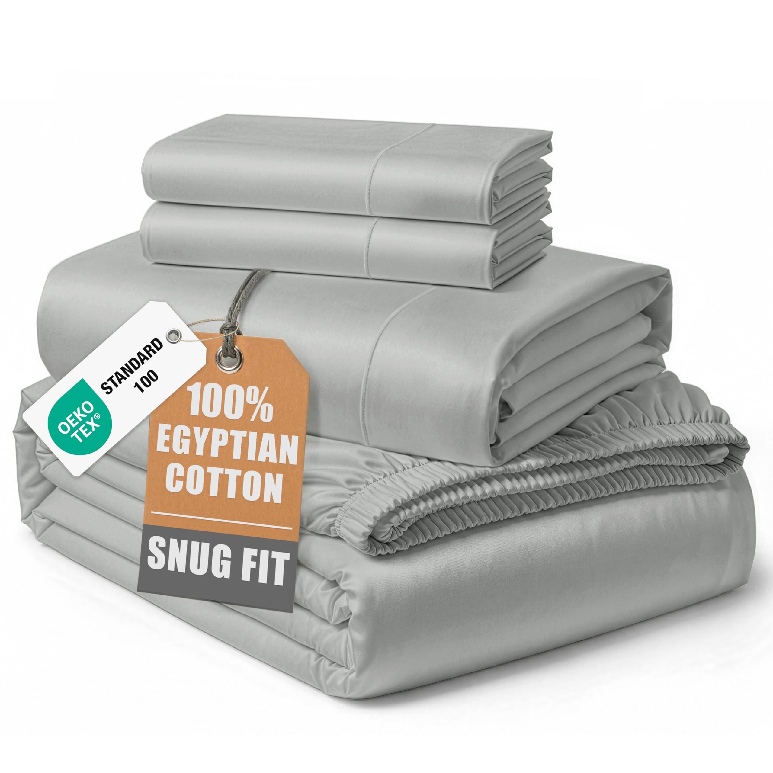 100% Egyptian Cotton Sheets Queen Size - Naturally Cooling & Breathable 4 Piece Silky Sateen Weave Queen Sheet Set, Ultra-Soft & Durable Hotel Luxury Sheets with 15" Snug Fit Deep Pockets - White