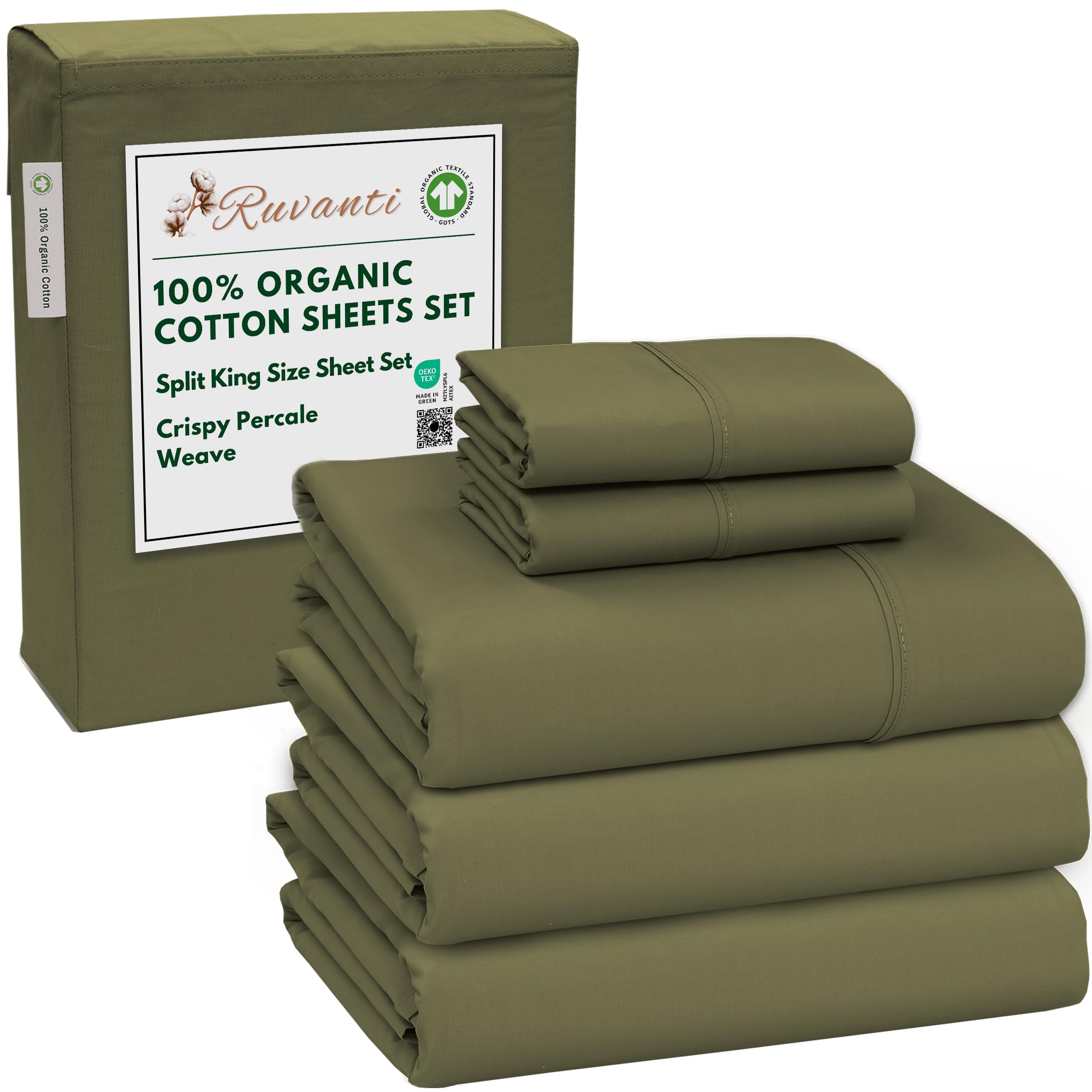 RUVANTI 100% Organic Cotton Sheets Queen Size, Percale Weave, GOTS Certified, 4-Piece Set, Deep Pocket 15", Crisp & Breathable, Soft Durable Bedding, Sábanas Algodón Orgánico – Daisy Bud