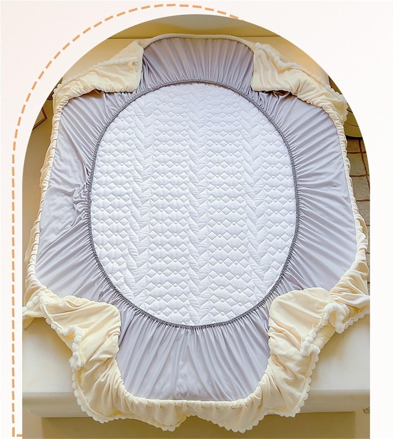 Lace Trimmed Thickened Milk Fleece Quilted Fitted Sheet Warm Coral Bedspread Fleece Lined Bed Skirt Mattress Protector(D,150x200cm)