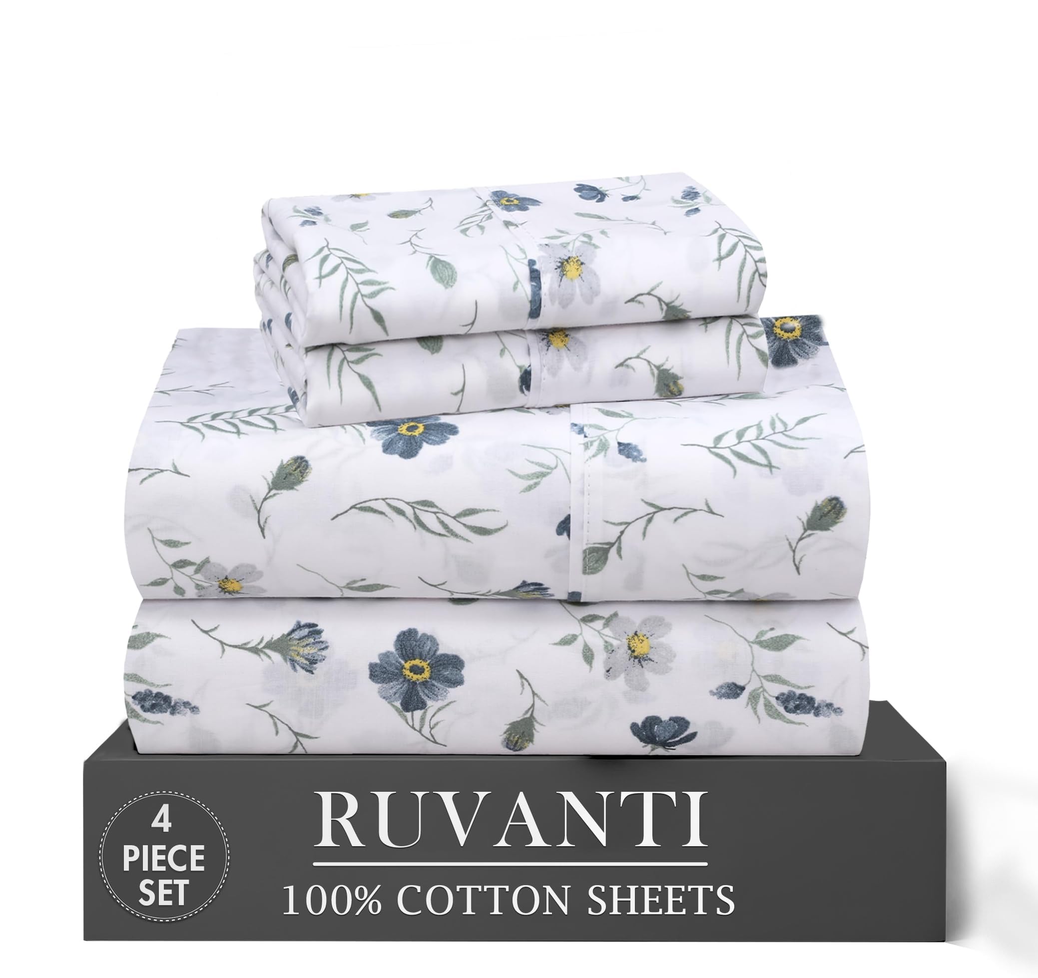 RUVANTI 6 Pcs Cotton Sheets - 100% Natural Cotton Soft, Lightweight & Breathable Crispy Percale Bed Sheets, Queen Sheet Set 16" Deep Pockets, Wild Flower