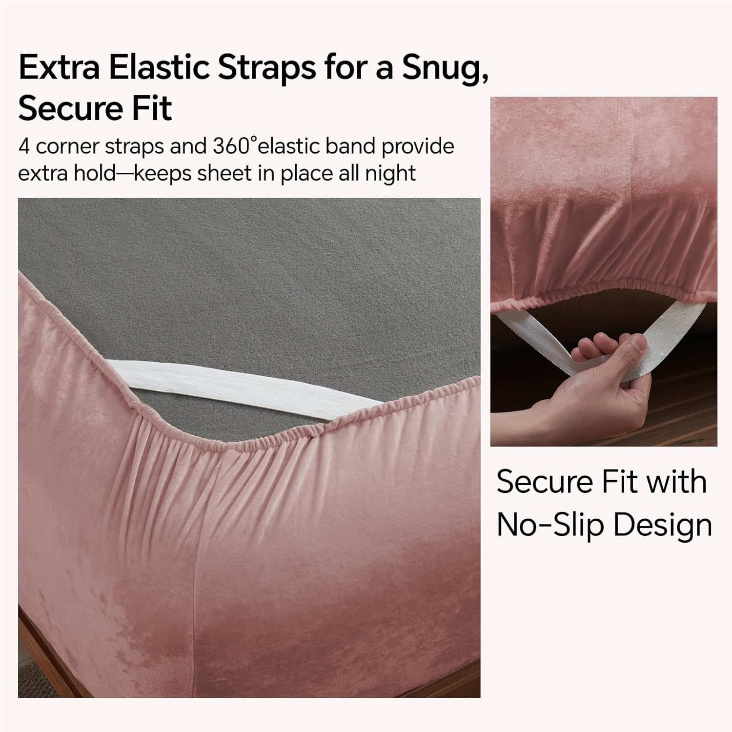 BEDELITE Velvet Fitted Sheet and Pillowcases Set, Luxury Soft Fuzzy Bottom Sheet with Reinforced Elastic Corner Straps, Deep Pocket up to 15 Inch, 1 Fitted Sheet and 2 Pillowcases (Queen, Dusty Pink)