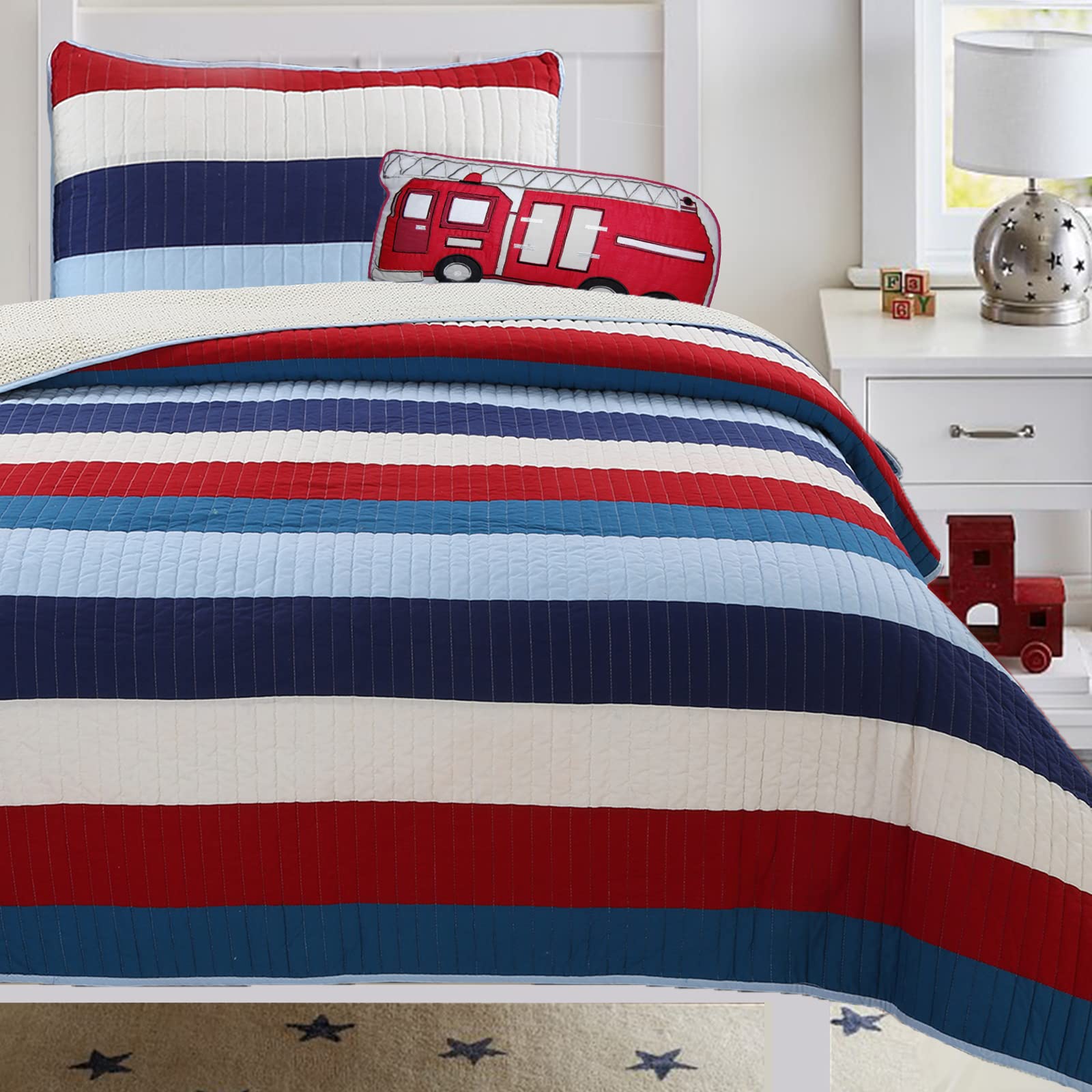 Cozy Line Home Fashions Benjamin Cute Dinosaur Plaid Navy Blue White Grey Bedding Quilt Set 100% Cotton Reversible Coverlet Bedspread Set for Kids Boy(Twin - 2 Piece)