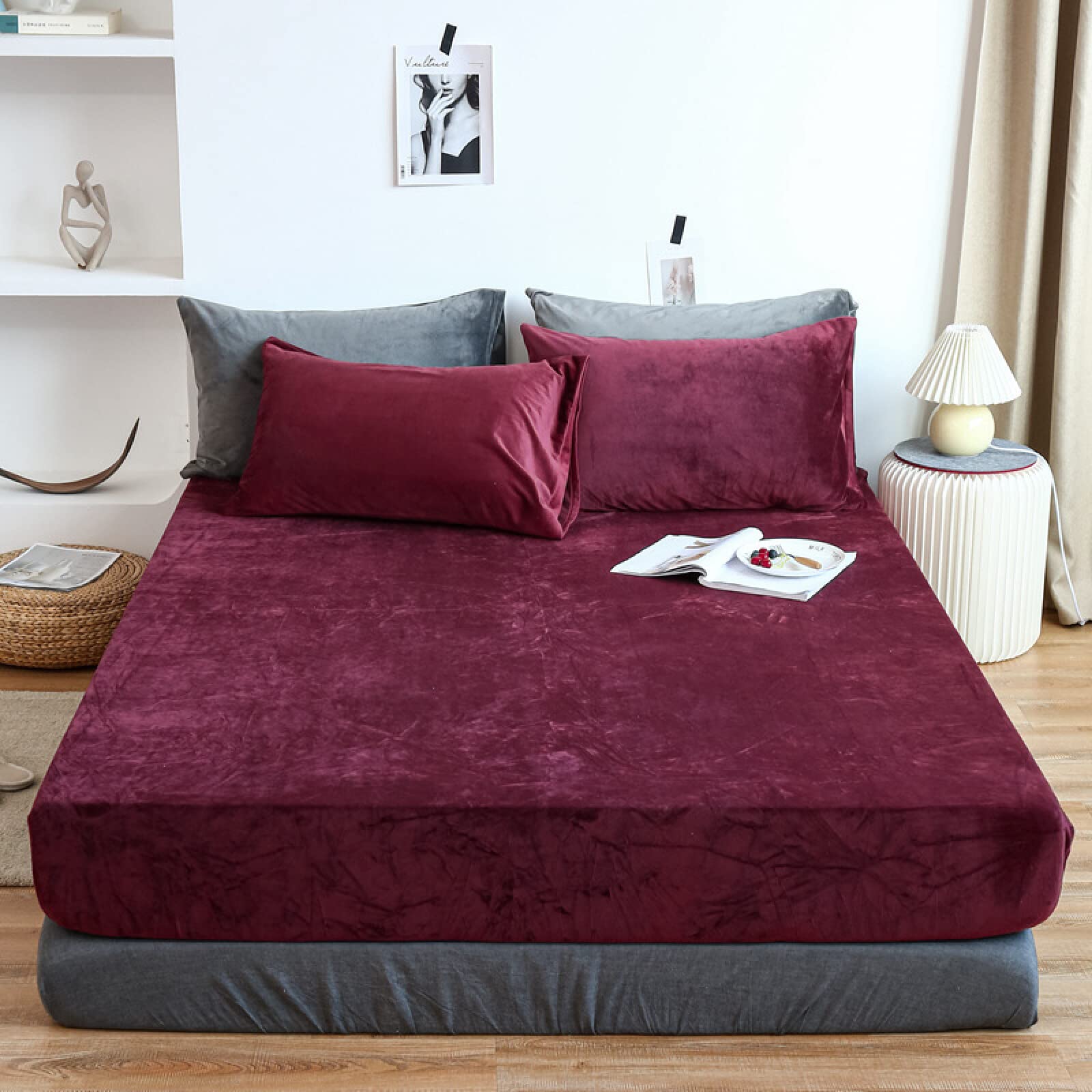King Fitted Sheet,Winter Warm Coral Fleece Extra-Deep Pocket Sheets, Bedroom Hotel Homestay Queen Pure Color Mattress Protector Pillowcase,Purple,120cmx200cm (3pcs)