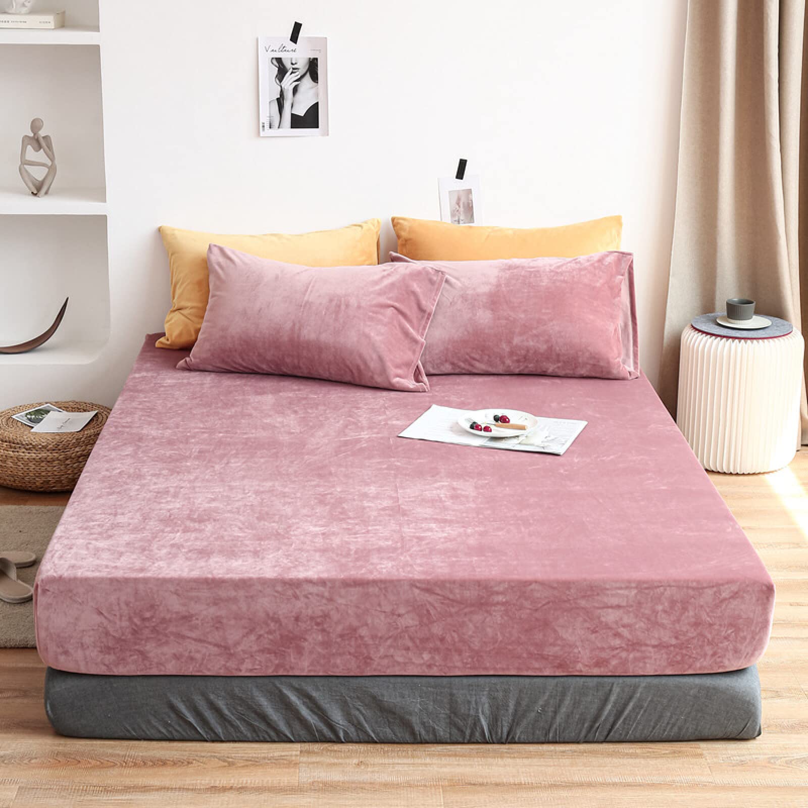 King Fitted Sheet,Winter Warm Coral Fleece Extra-Deep Pocket Sheets, Bedroom Hotel Homestay Queen Pure Color Mattress Protector Pillowcase,Purple,120cmx200cm (3pcs)