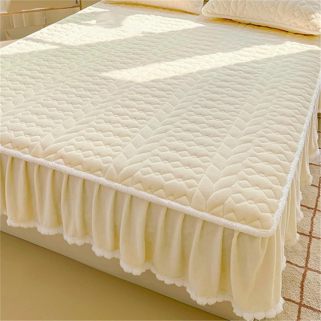 Lace Trimmed Thickened Milk Fleece Quilted Fitted Sheet Warm Coral Bedspread Fleece Lined Bed Skirt Mattress Protector(D,150x200cm)