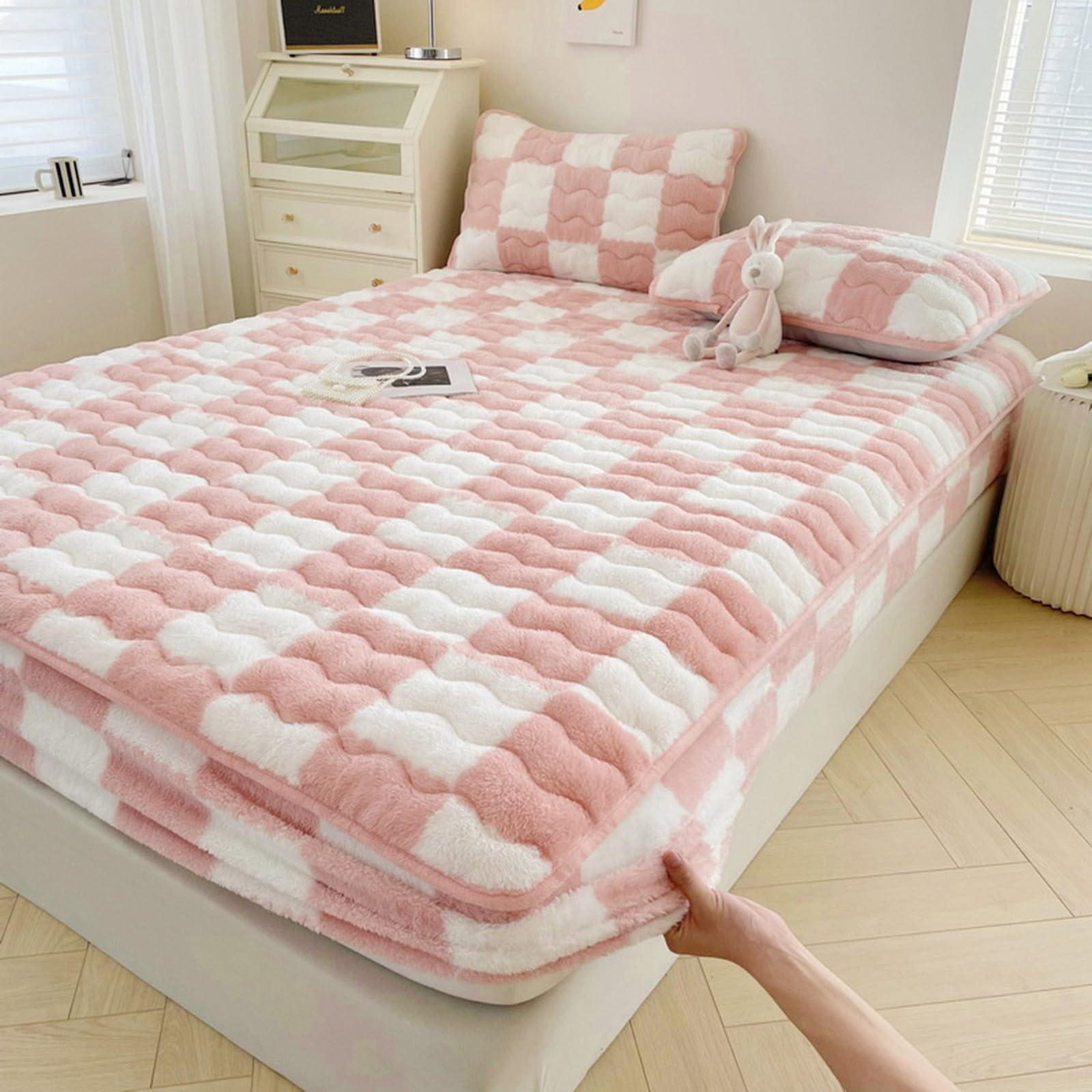 Coral Fleece Fitted Sheet with Two Pillowcases,Queen Size Super Soft Warm Plush Bed Sheets,12" Deep Pocket Single/Double Sheet,Suitable for Any Mattress(E,200x220cm)