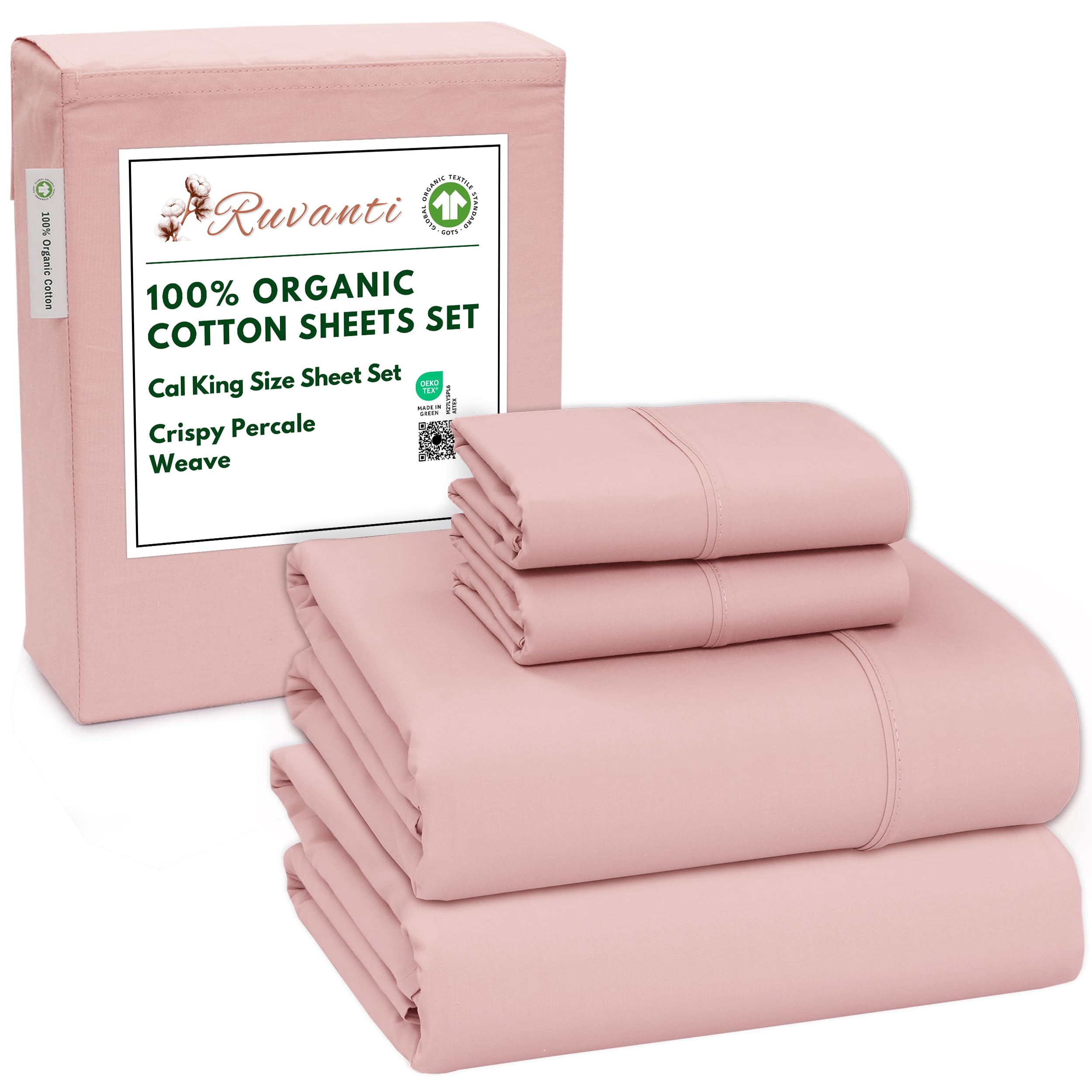 RUVANTI 100% Organic Cotton Sheets Queen Size, Percale Weave, GOTS Certified, 4-Piece Set, Deep Pocket 15", Crisp & Breathable, Soft Durable Bedding, Sábanas Algodón Orgánico – Daisy Bud