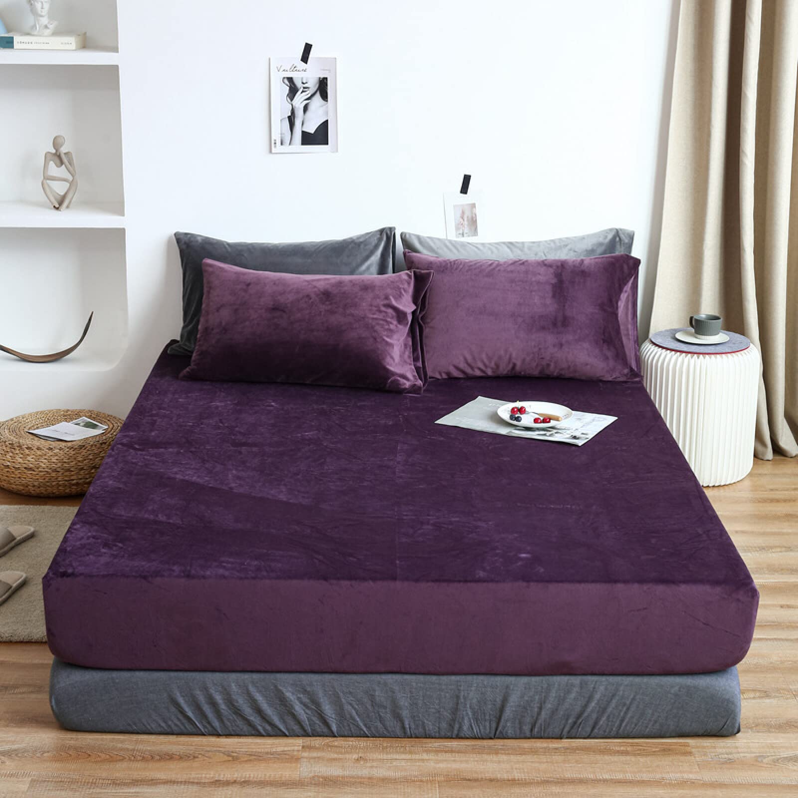 King Fitted Sheet,Winter Warm Coral Fleece Extra-Deep Pocket Sheets, Bedroom Hotel Homestay Queen Pure Color Mattress Protector Pillowcase,Purple,120cmx200cm (3pcs)