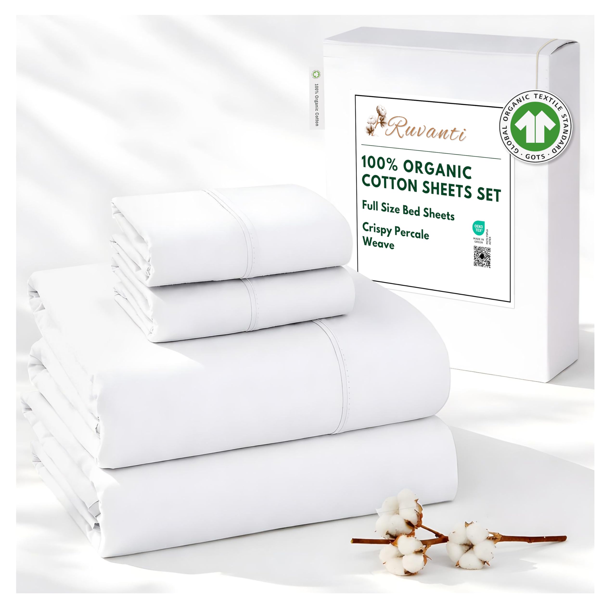 RUVANTI 100% Organic Cotton Sheets Queen Size, Percale Weave, GOTS Certified, 4-Piece Set, Deep Pocket 15", Crisp & Breathable, Soft Durable Bedding, Sábanas Algodón Orgánico – Daisy Bud