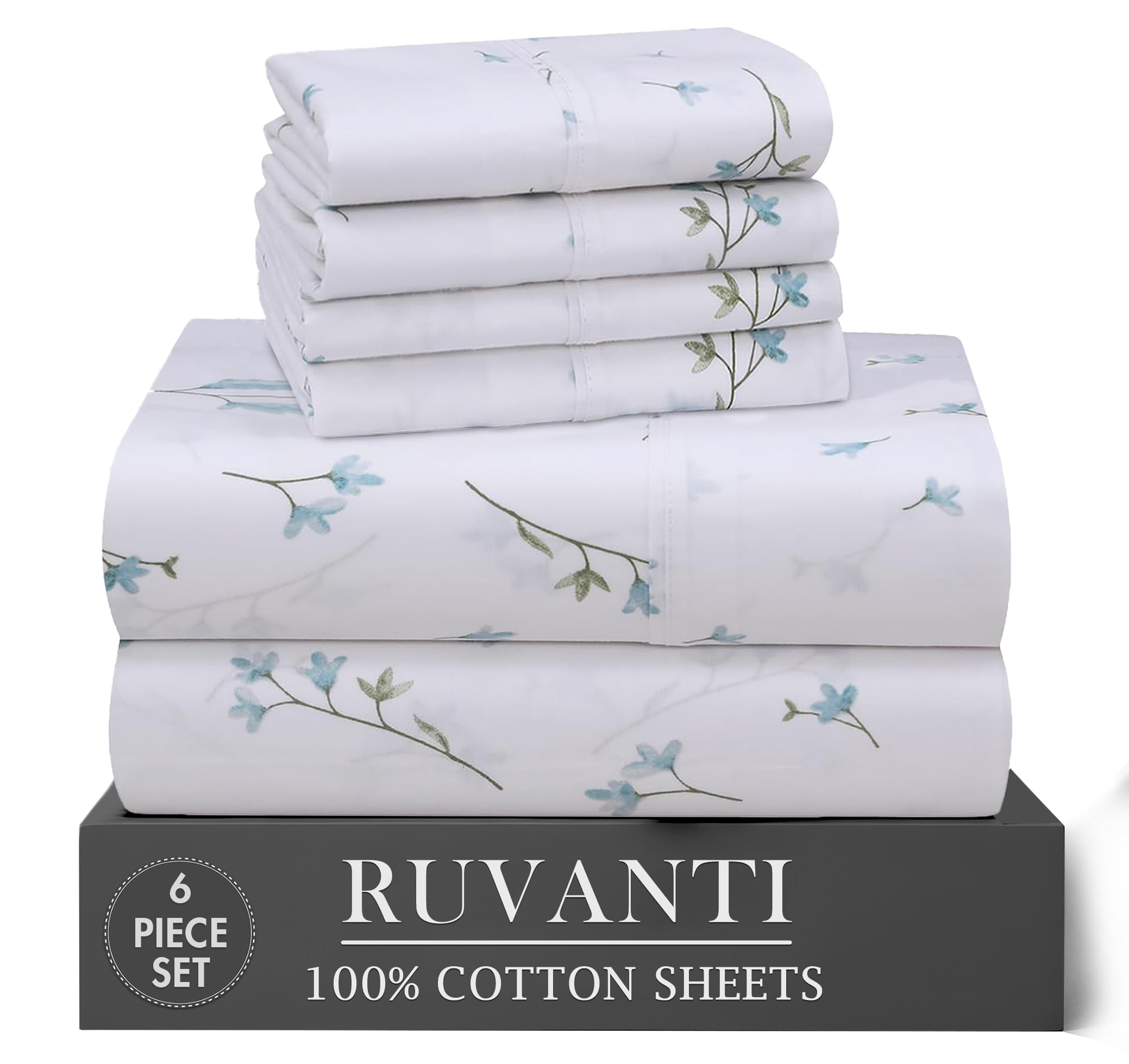 RUVANTI 6 Pcs Cotton Sheets - 100% Natural Cotton Soft, Lightweight & Breathable Crispy Percale Bed Sheets, Queen Sheet Set 16" Deep Pockets, Wild Flower