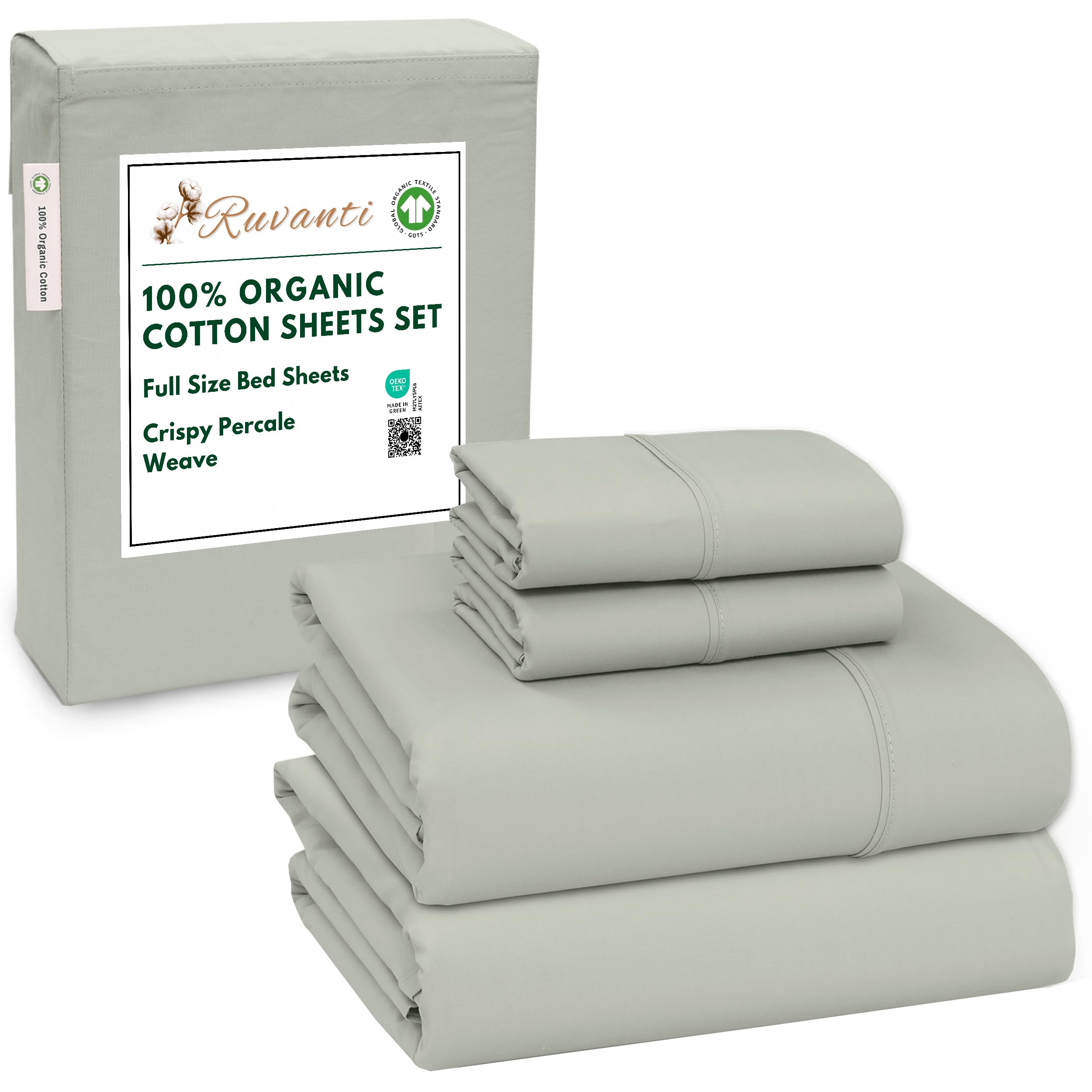 RUVANTI 100% Organic Cotton Sheets Queen Size, Percale Weave, GOTS Certified, 4-Piece Set, Deep Pocket 15", Crisp & Breathable, Soft Durable Bedding, Sábanas Algodón Orgánico – Daisy Bud