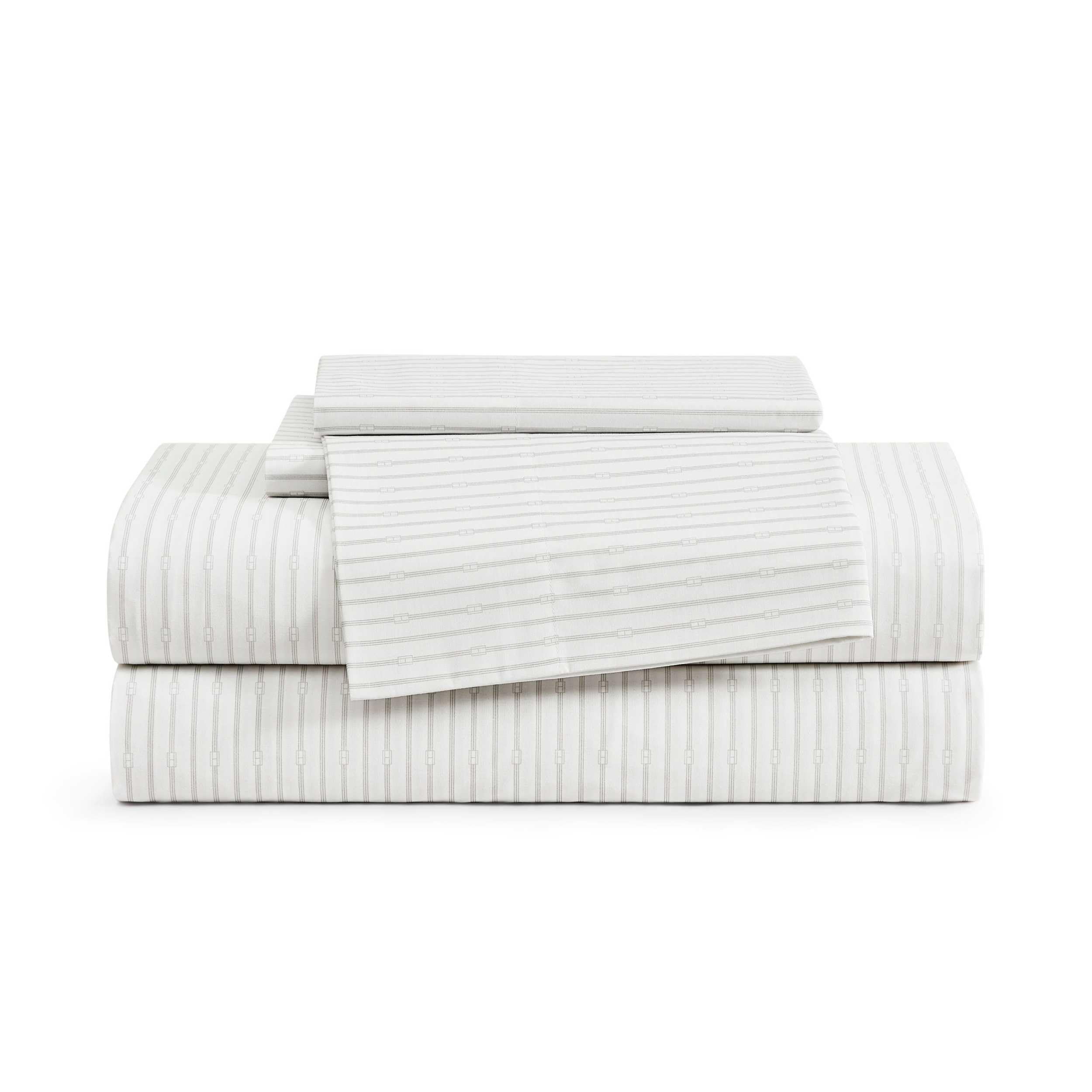 Tommy Hilfiger - Queen Bed Sheets, Crisp & Cool Cotton Percale Bedding with Matching Pillowcases, Lightweight Bed Set, Oeko-Tex Certified (Effortless Stripe Beige)