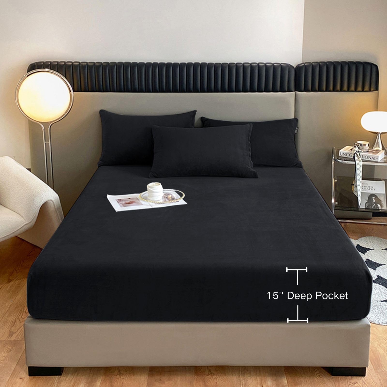 Velvet Fitted Sheet Full Size,Fleece Plush Bed Sheet Mattress Protector Cover with 15'' Deep Pocket Warm Fuzzy Bottom Sheet (Not Include Pillowcases)