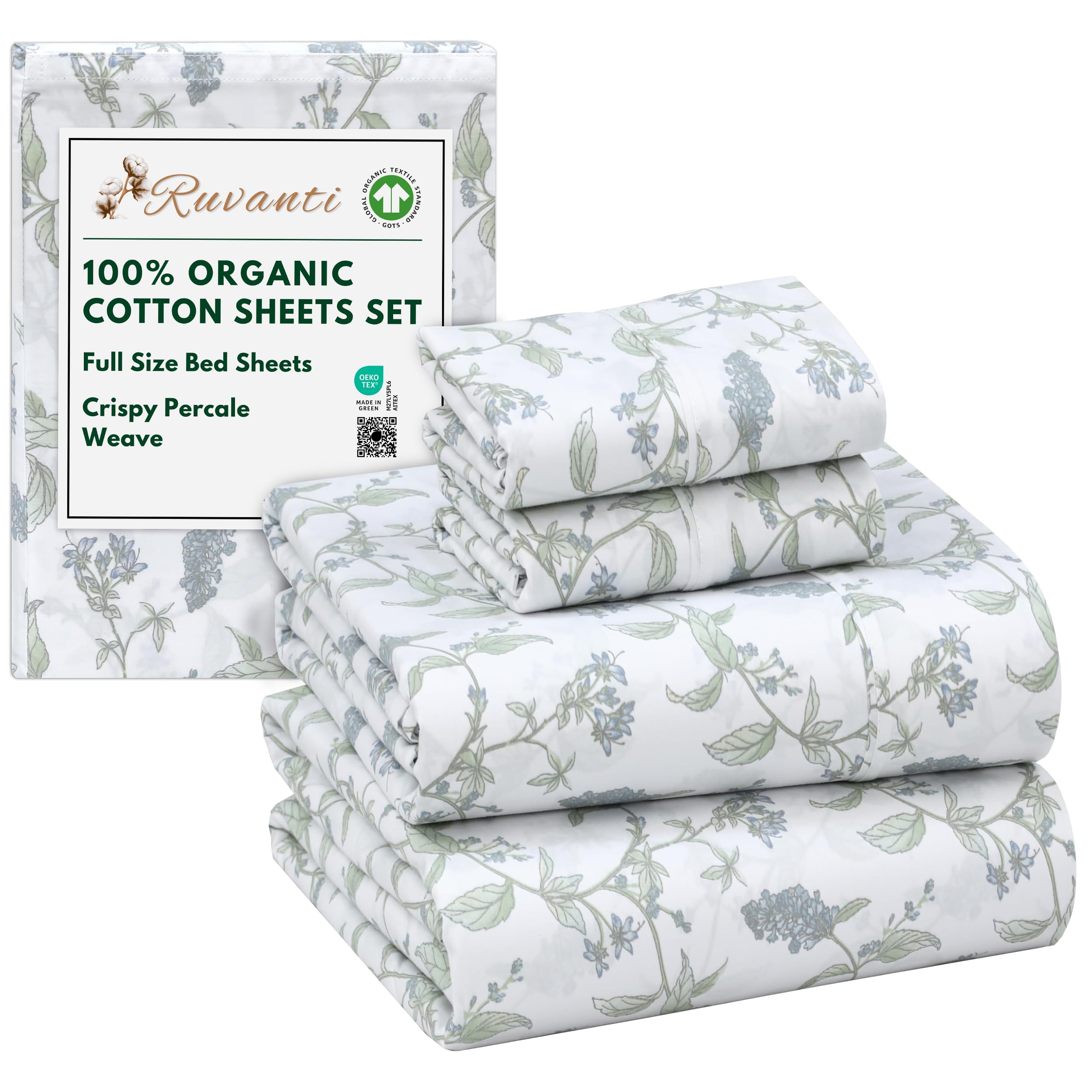 RUVANTI 100% Organic Cotton Sheets Queen Size, Percale Weave, GOTS Certified, 4-Piece Set, Deep Pocket 15", Crisp & Breathable, Soft Durable Bedding, Sábanas Algodón Orgánico – Daisy Bud