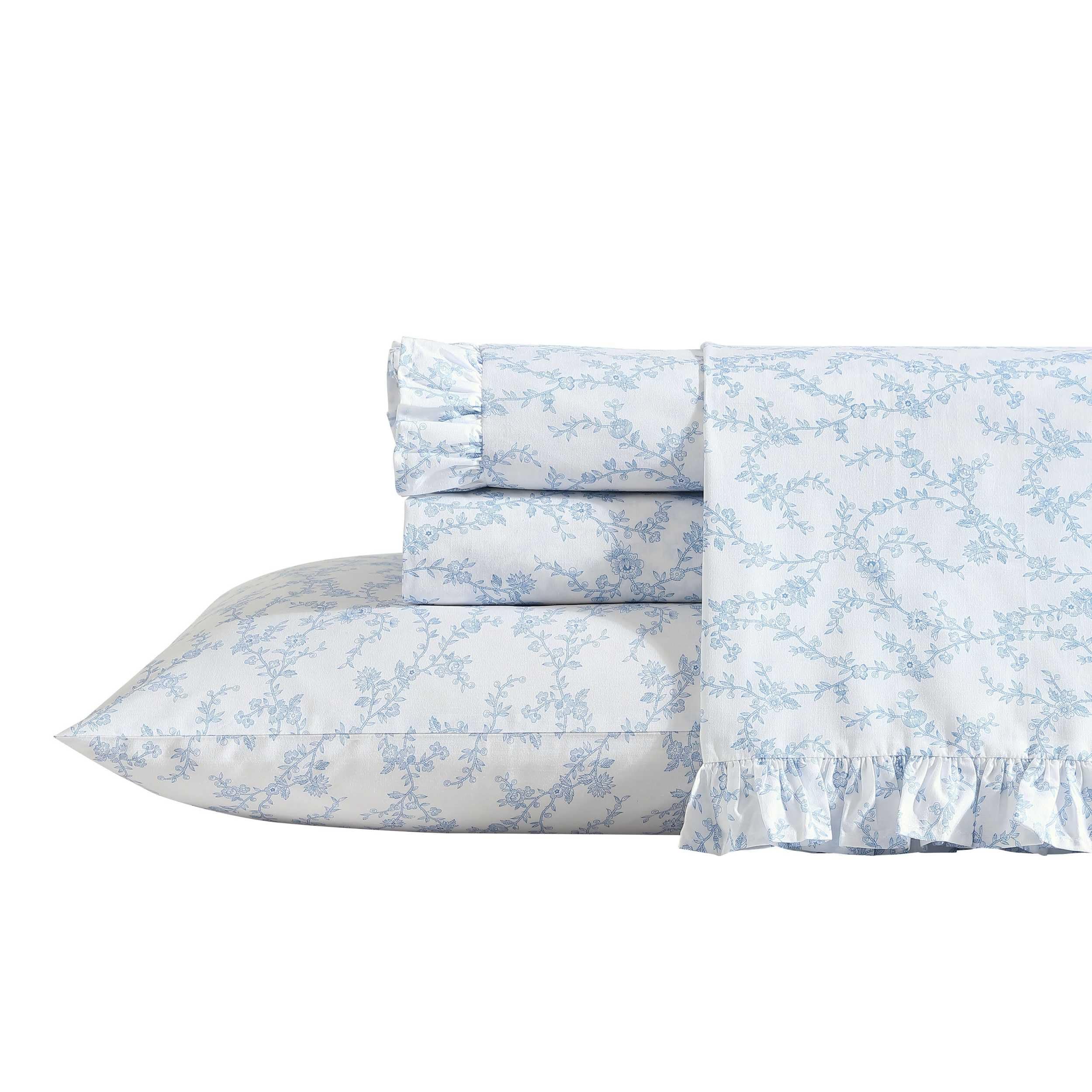 Laura Ashley - Queen Sheet Set, Crisp & Cool Sheets w/a Naturally Smooth Cotton Percale Feel, Deep Pocket, Bed Sheets with Matching Pillowcases & Fitted Sheet (Francesca Blue)