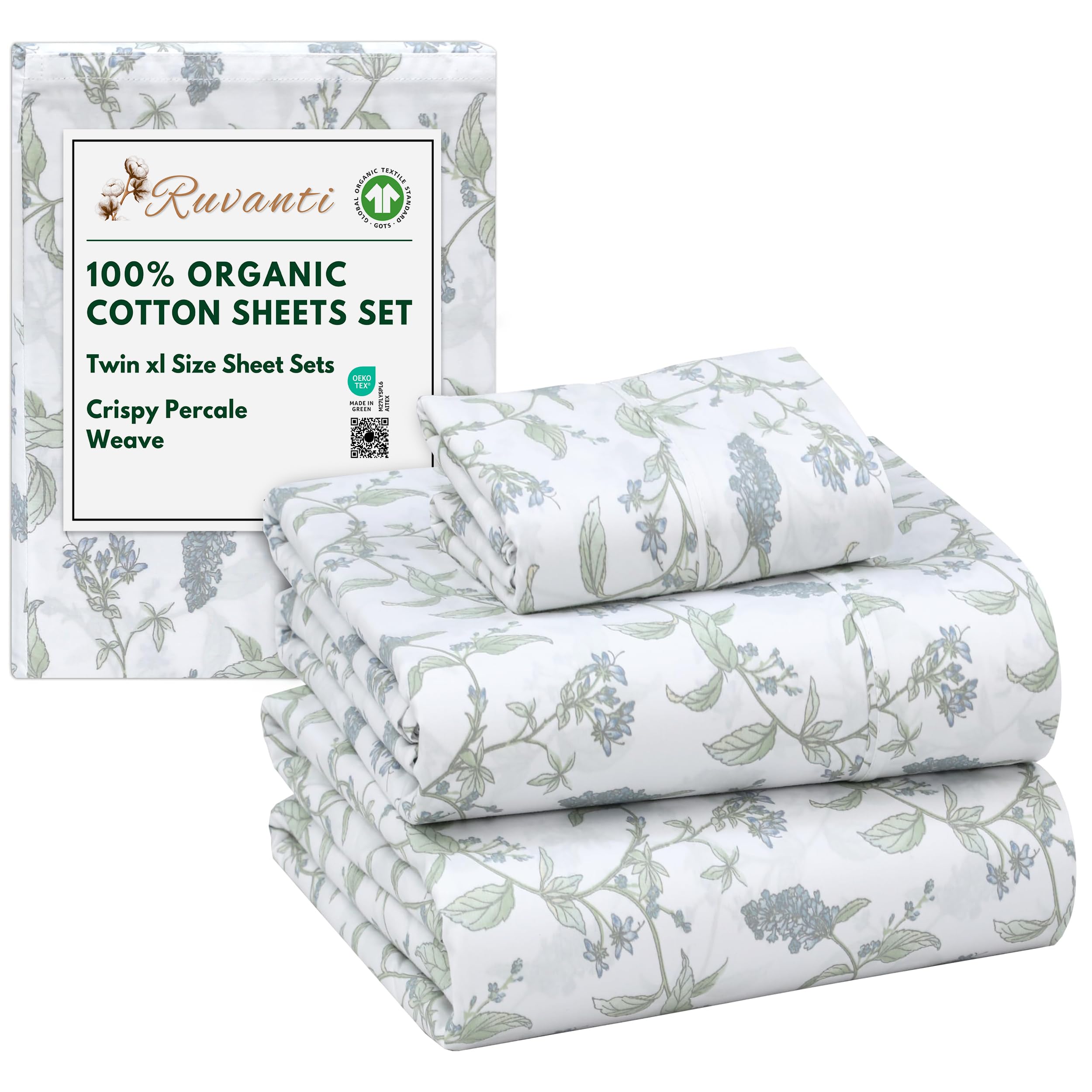 RUVANTI 100% Organic Cotton Sheets Queen Size, Percale Weave, GOTS Certified, 4-Piece Set, Deep Pocket 15", Crisp & Breathable, Soft Durable Bedding, Sábanas Algodón Orgánico – Daisy Bud