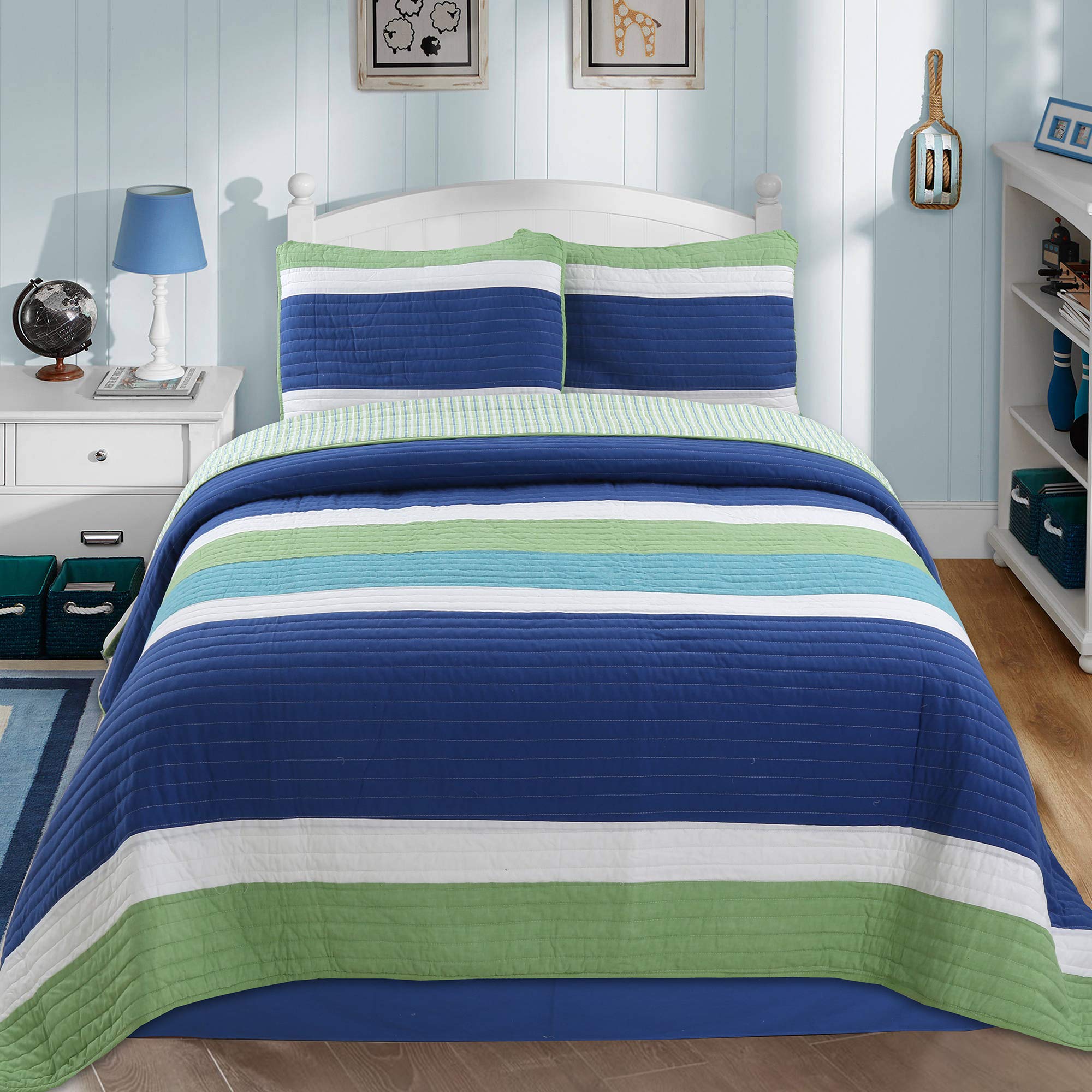 Cozy Line Home Fashions Benjamin Cute Dinosaur Plaid Navy Blue White Grey Bedding Quilt Set 100% Cotton Reversible Coverlet Bedspread Set for Kids Boy(Twin - 2 Piece)
