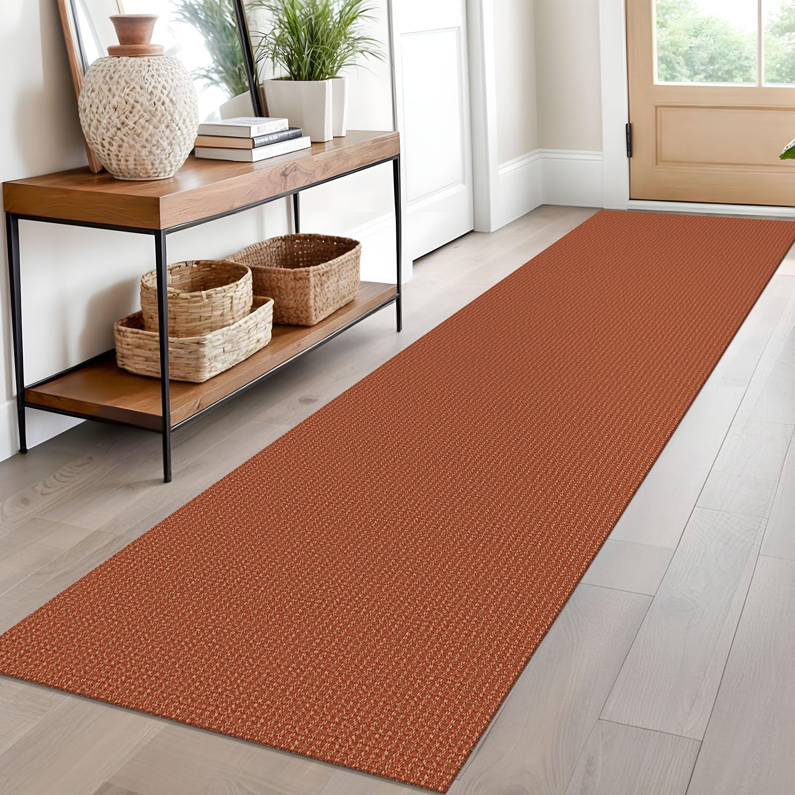 EARTHALL Woven Runner Rug 2x5 Ft Washable Runners for Hallways Cotton Non Slip Rubber Backed Kitchen Runner Braided Indoor Floor Carpet for Entryway, Hallway, Kitchen, Bedroom, Orange/Tan/Brown