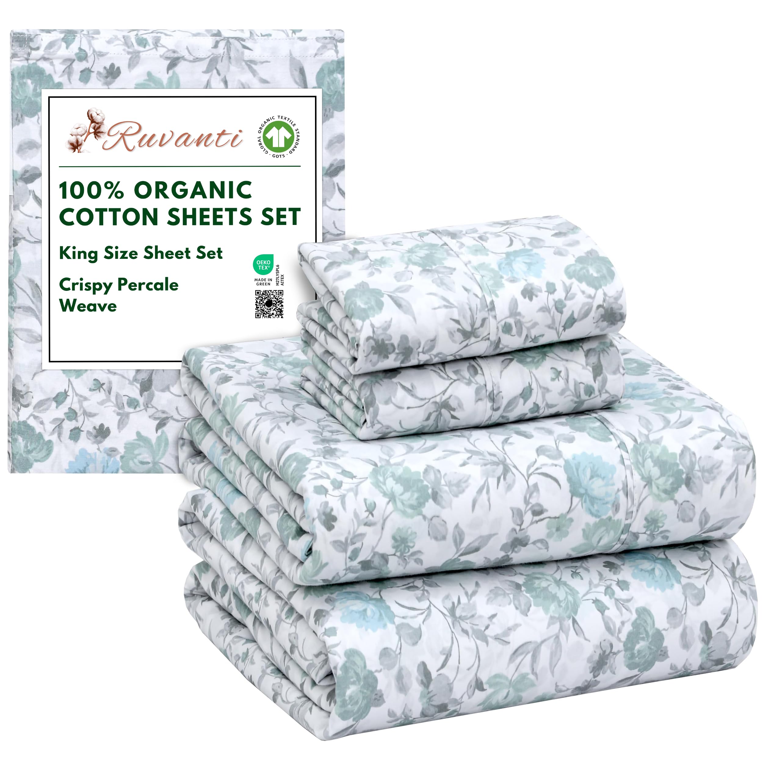 RUVANTI 100% Organic Cotton Sheets Queen Size, Percale Weave, GOTS Certified, 4-Piece Set, Deep Pocket 15", Crisp & Breathable, Soft Durable Bedding, Sábanas Algodón Orgánico – Daisy Bud