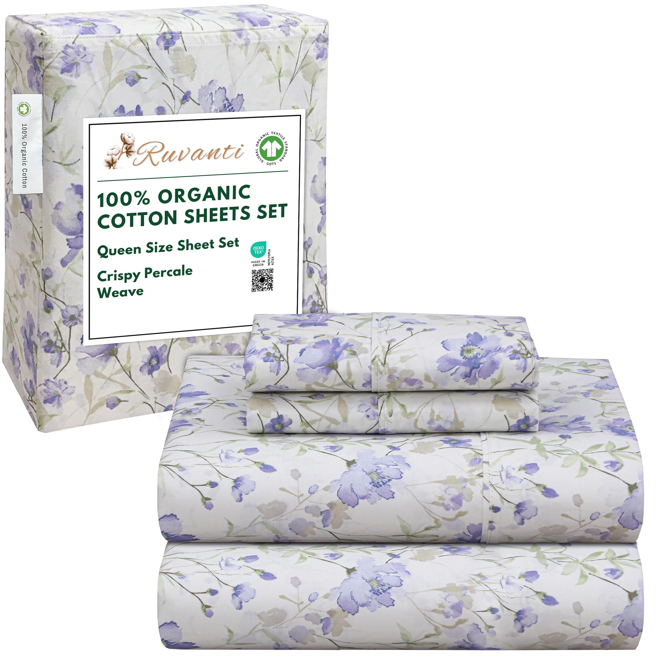 RUVANTI 100% Organic Cotton Sheets Queen Size, Percale Weave, GOTS Certified, 4-Piece Set, Deep Pocket 15", Crisp & Breathable, Soft Durable Bedding, Sábanas Algodón Orgánico – Daisy Bud