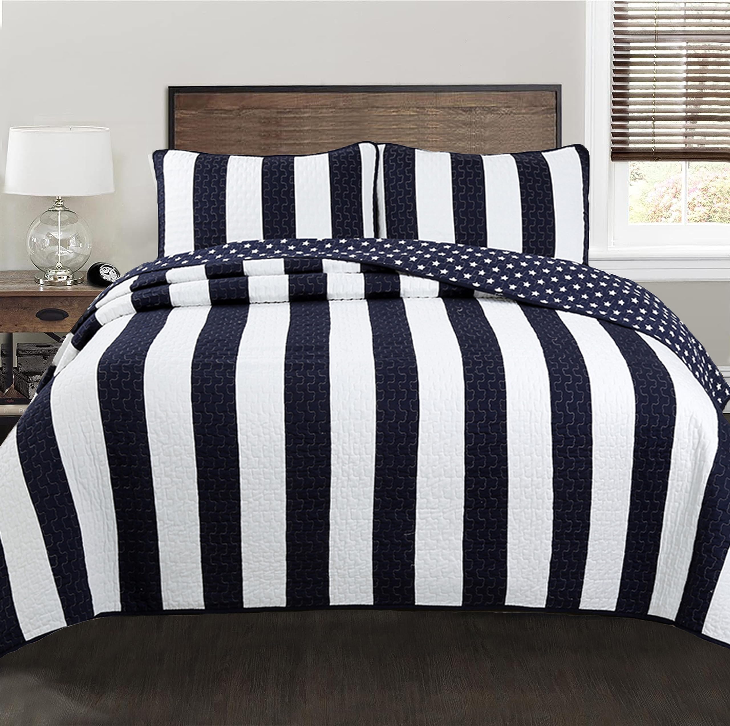 Cozy Line Home Fashions Benjamin Cute Dinosaur Plaid Navy Blue White Grey Bedding Quilt Set 100% Cotton Reversible Coverlet Bedspread Set for Kids Boy(Twin - 2 Piece)