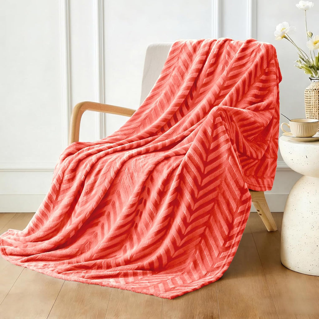 Whale Flotilla Flannel Fleece Throw Blanket for Couch Sofa Bed, Lightweight Breathable Soft Throws Plush Fluffy Chevron Design Decorative Blankets for All Season, 50x60 Inch, Coral