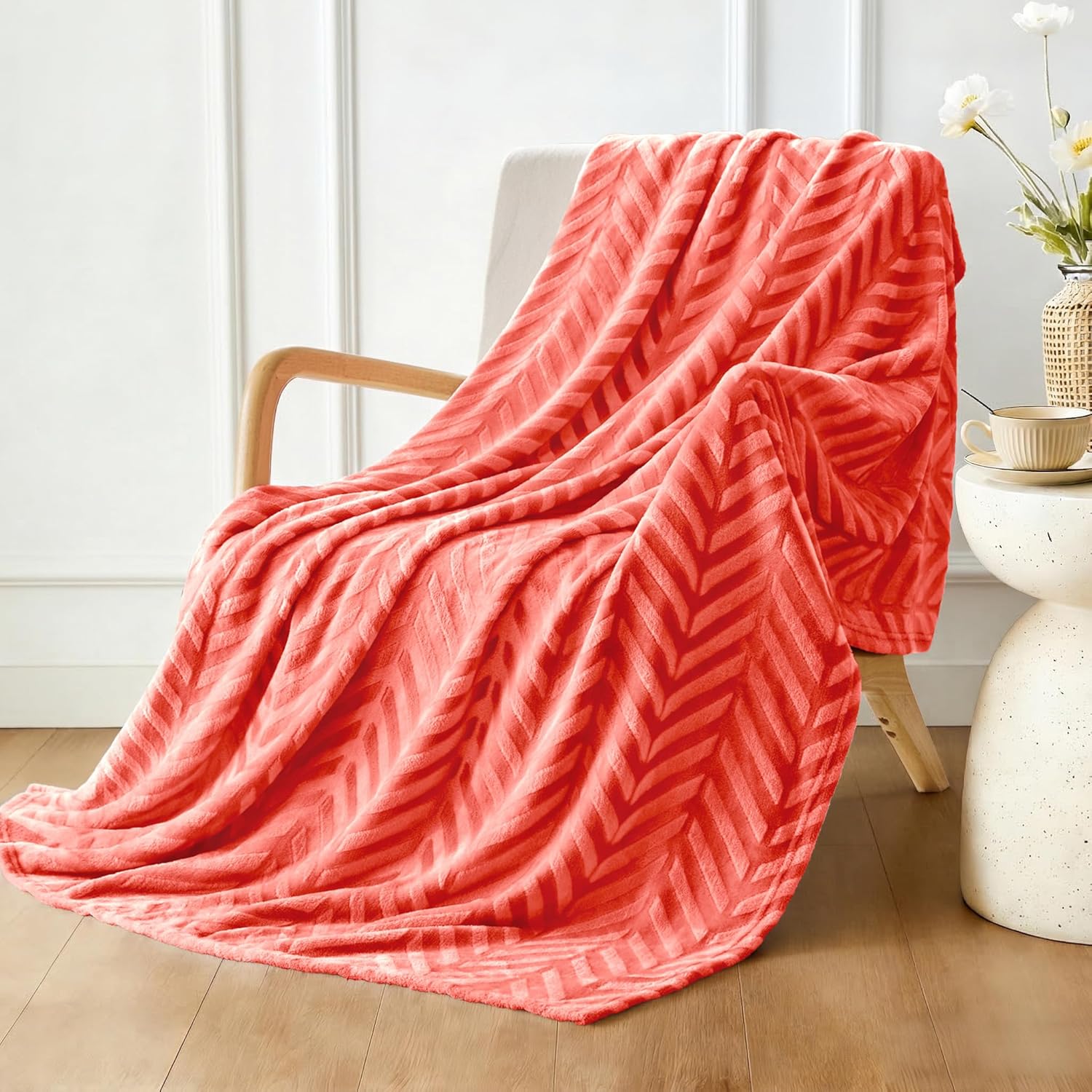 Whale Flotilla Flannel Fleece Throw Blanket for Couch Sofa Bed, Lightweight Breathable Soft Throws Plush Fluffy Chevron Design Decorative Blankets for All Season, 50x60 Inch, Coral