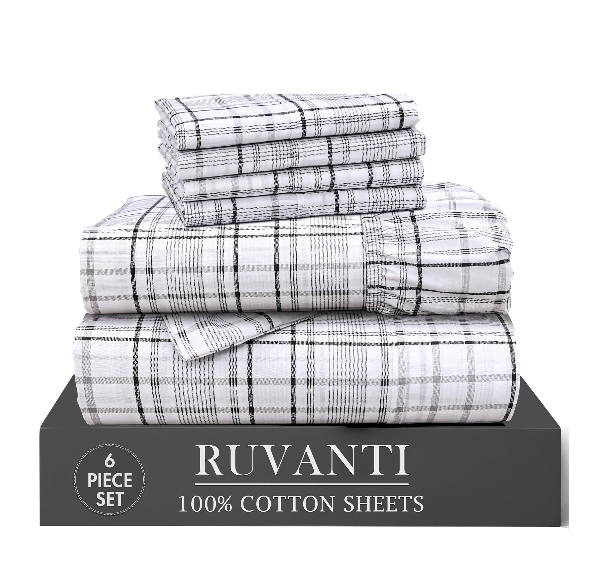RUVANTI 6 Pcs Cotton Sheets - 100% Natural Cotton Soft, Lightweight & Breathable Crispy Percale Bed Sheets, Queen Sheet Set 16" Deep Pockets, Wild Flower