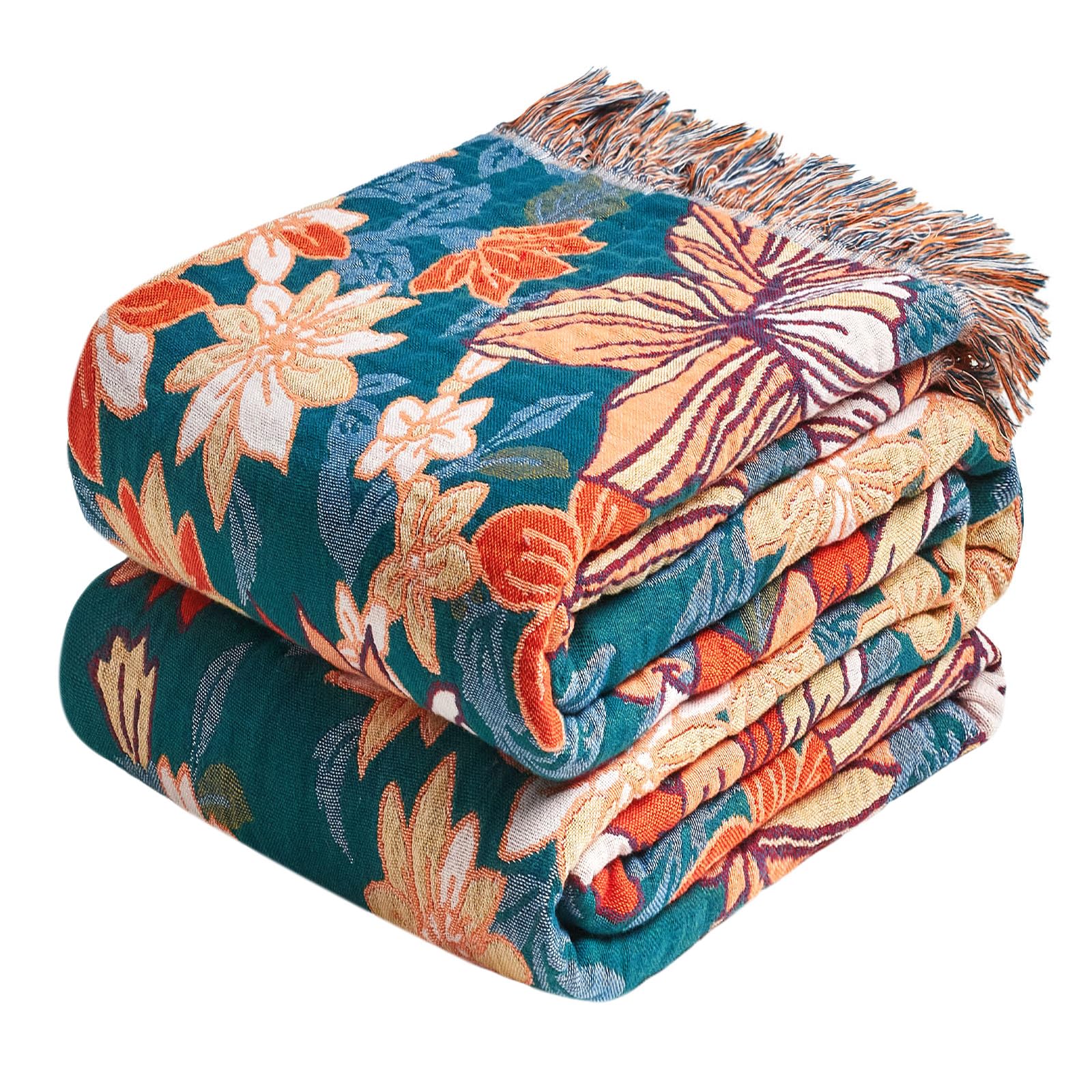 Boho Throw Blanket - 100% Cotton Soft Spring Throw Blanket for Bed, 90"x108" Reversible Breathable Lightweight Blankets, All Seasons Farmhouse Decor Floral Plant Butterfly Throw Quilt