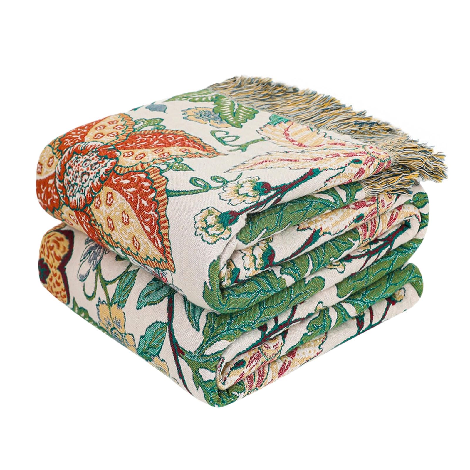 Boho Throw Blanket - 100% Cotton Soft Spring Throw Blanket for Bed, 90"x108" Reversible Breathable Lightweight Blankets, All Seasons Farmhouse Decor Floral Plant Butterfly Throw Quilt