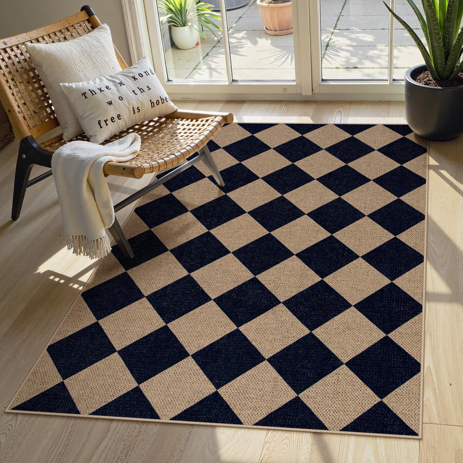 Lahome Colette Checkered Easy Jute Runner Rug, 2x8 Hallway Kitchen Runner Rug Non Slip Washable Outdoor Carpet for Entryway Indoor, Checkerboard Black Indoor Outdoor Carpet for Hallway 8ft Entry