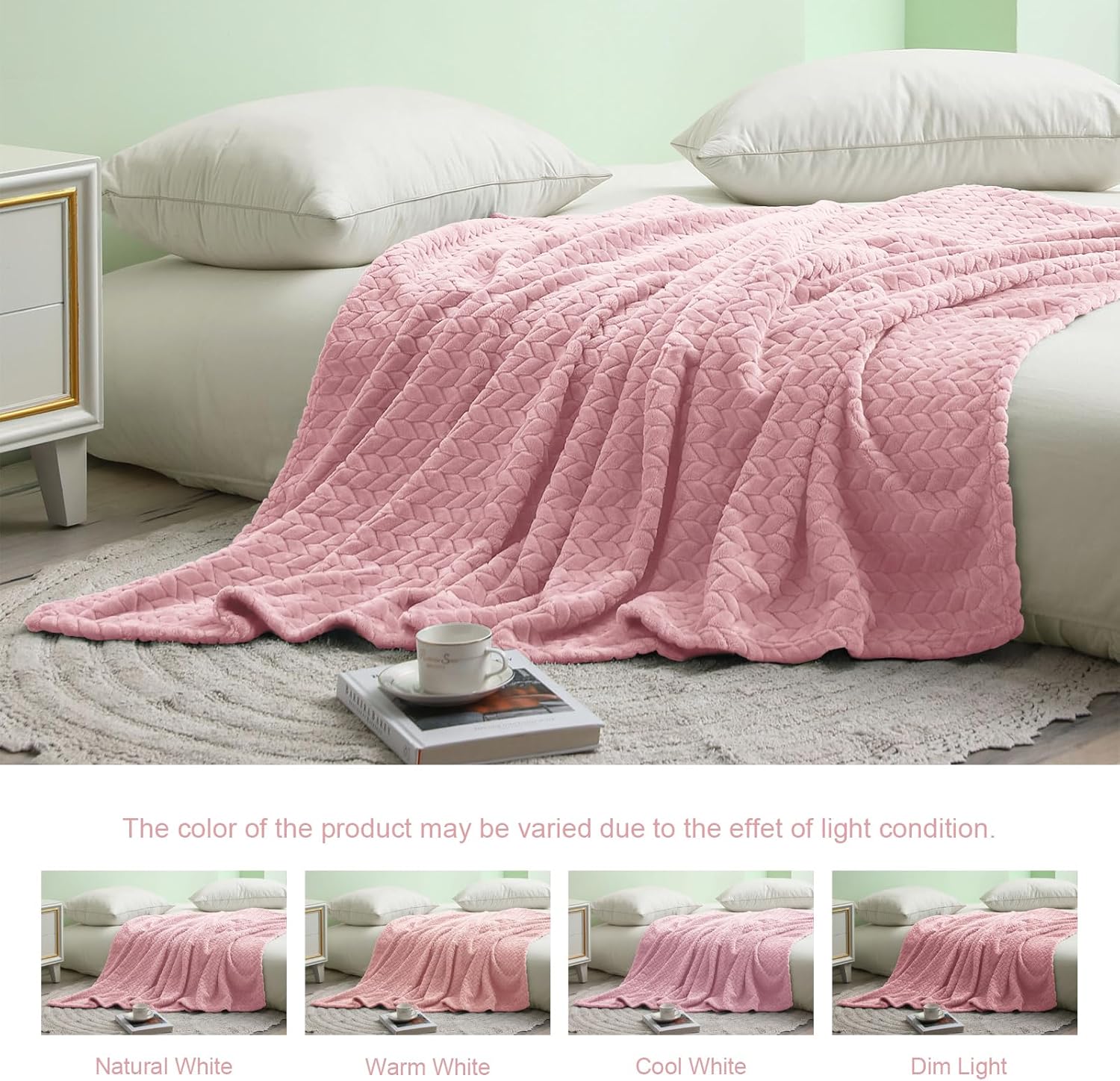 Exclusivo Mezcla Fleece Throw Blanket for Couch Sofa Bedroom, Soft Fuzzy Plush Warm Lightweight Jacquard Flannel Throws for Women, 50x70 Inches, Pink