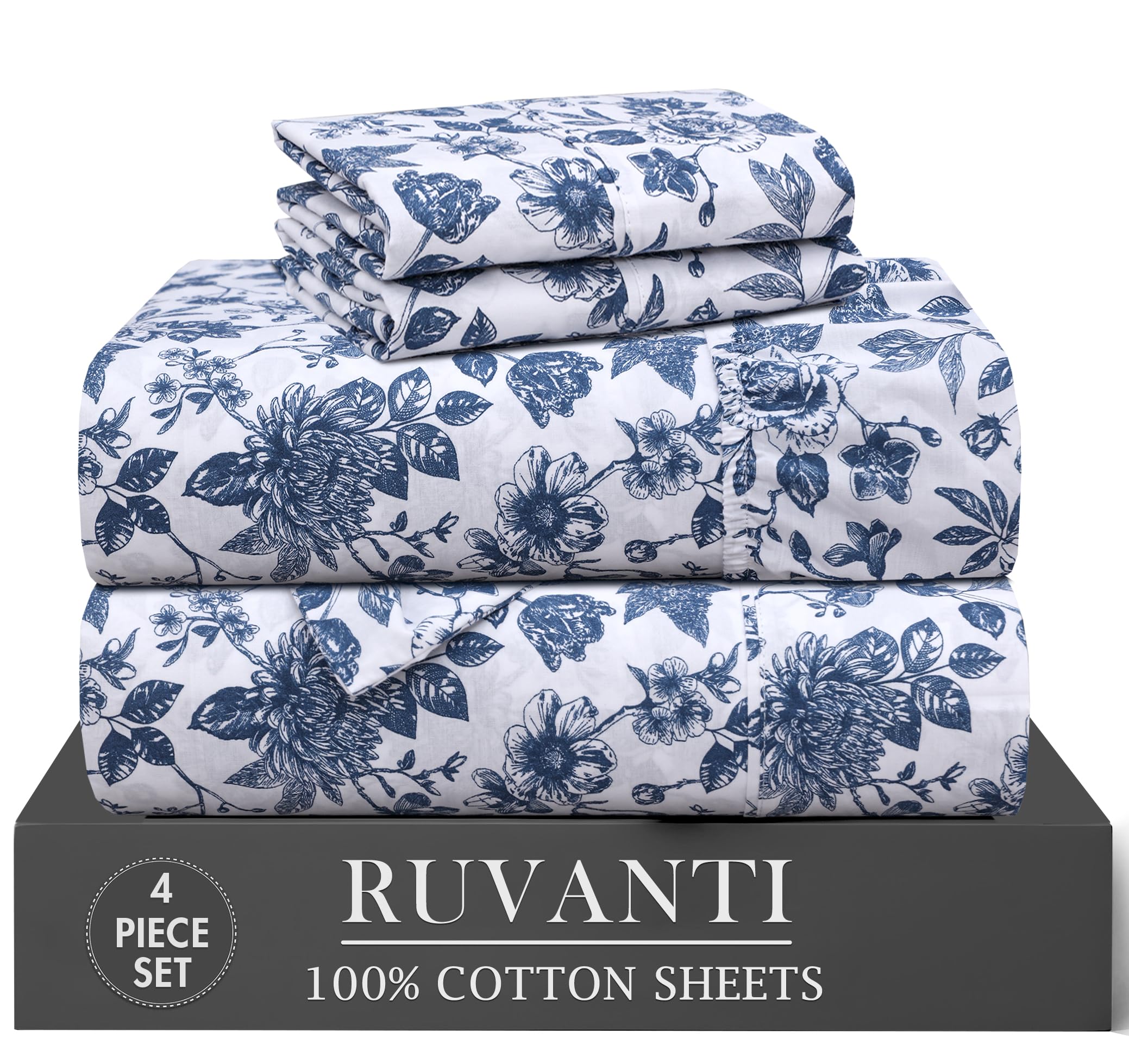 RUVANTI 6 Pcs Cotton Sheets - 100% Natural Cotton Soft, Lightweight & Breathable Crispy Percale Bed Sheets, Queen Sheet Set 16" Deep Pockets, Wild Flower