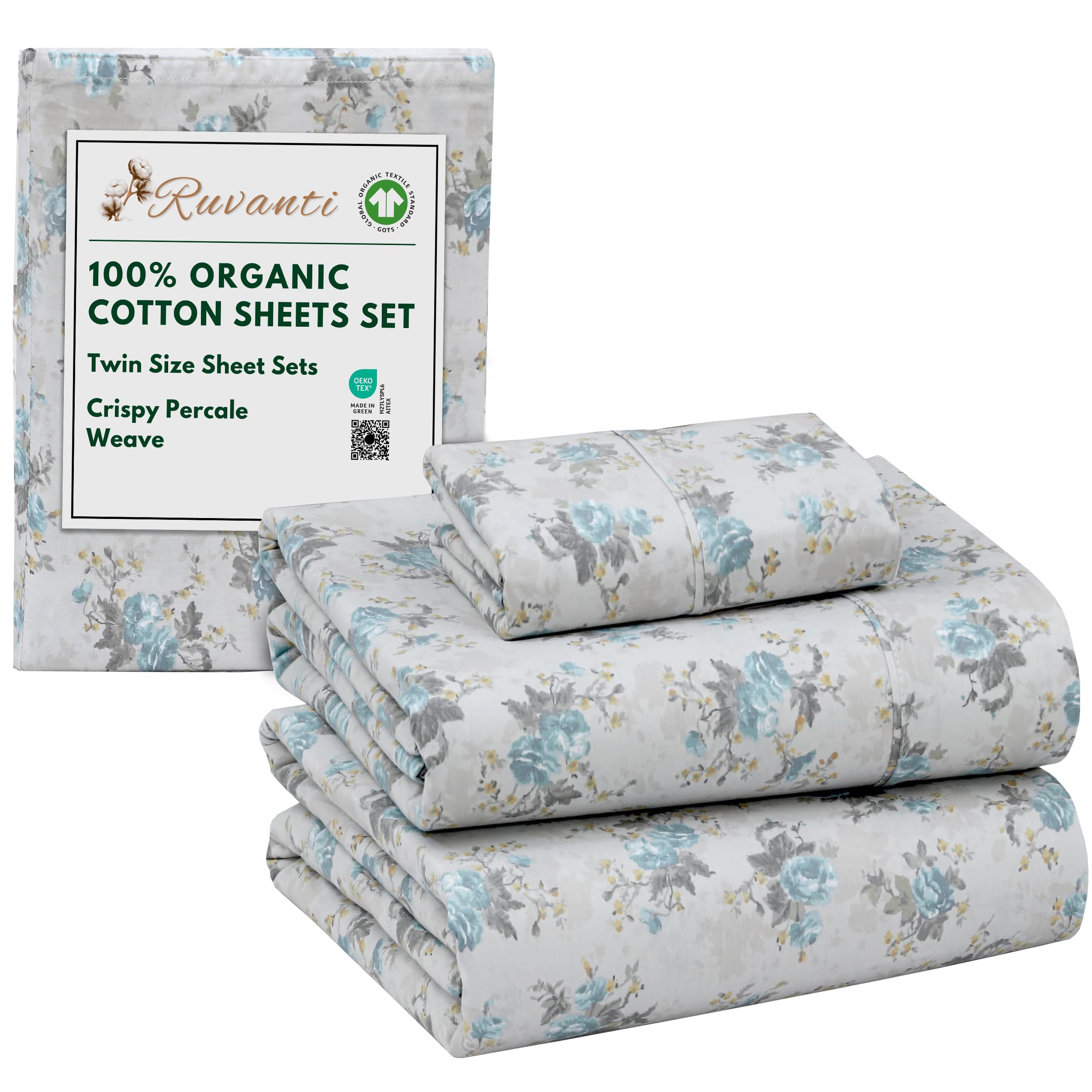 RUVANTI 100% Organic Cotton Sheets Queen Size, Percale Weave, GOTS Certified, 4-Piece Set, Deep Pocket 15", Crisp & Breathable, Soft Durable Bedding, Sábanas Algodón Orgánico – Daisy Bud