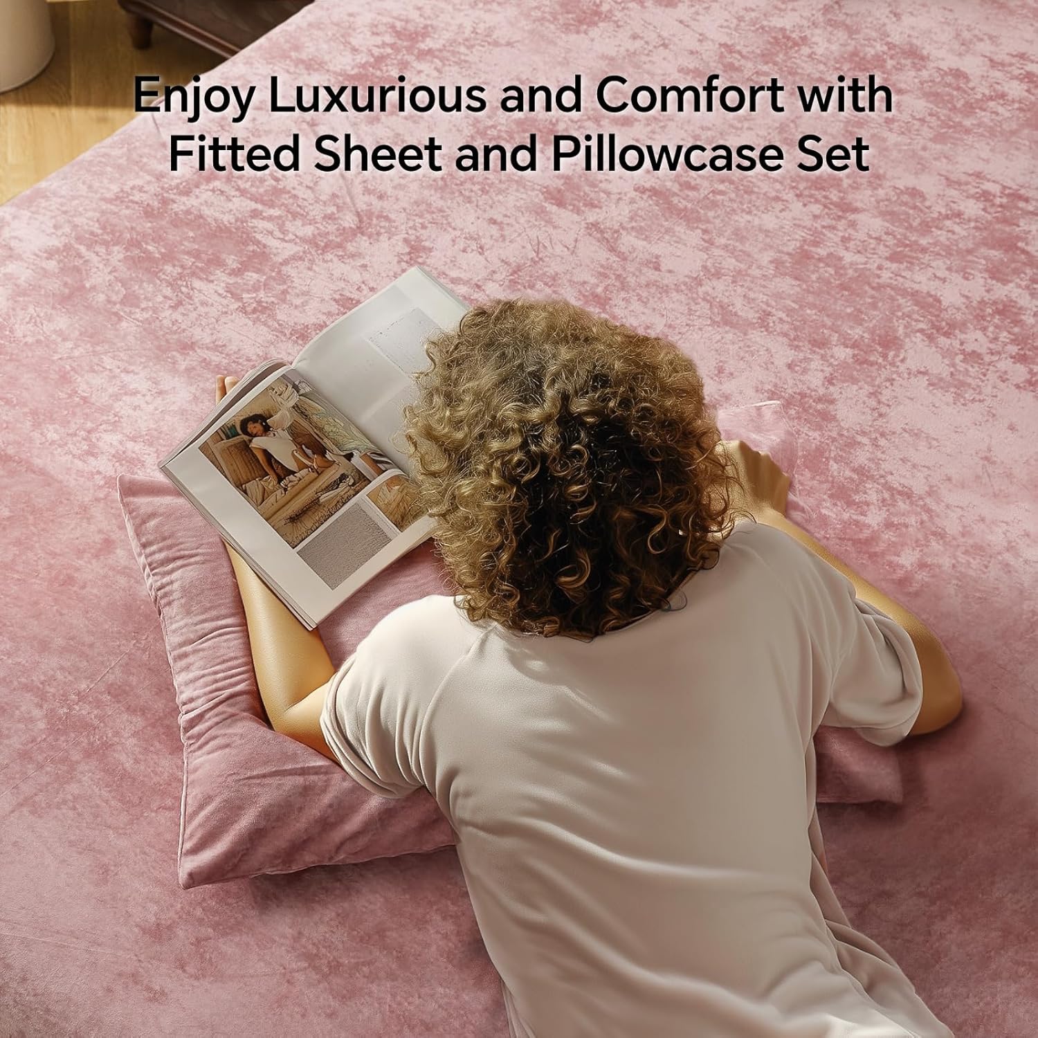 BEDELITE Velvet Fitted Sheet and Pillowcases Set, Luxury Soft Fuzzy Bottom Sheet with Reinforced Elastic Corner Straps, Deep Pocket up to 15 Inch, 1 Fitted Sheet and 2 Pillowcases (Queen, Dusty Pink)