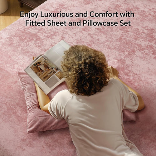 BEDELITE Velvet Fitted Sheet and Pillowcases Set, Luxury Soft Fuzzy Bottom Sheet with Reinforced Elastic Corner Straps, Deep Pocket up to 15 Inch, 1 Fitted Sheet and 2 Pillowcases (Queen, Dusty Pink)