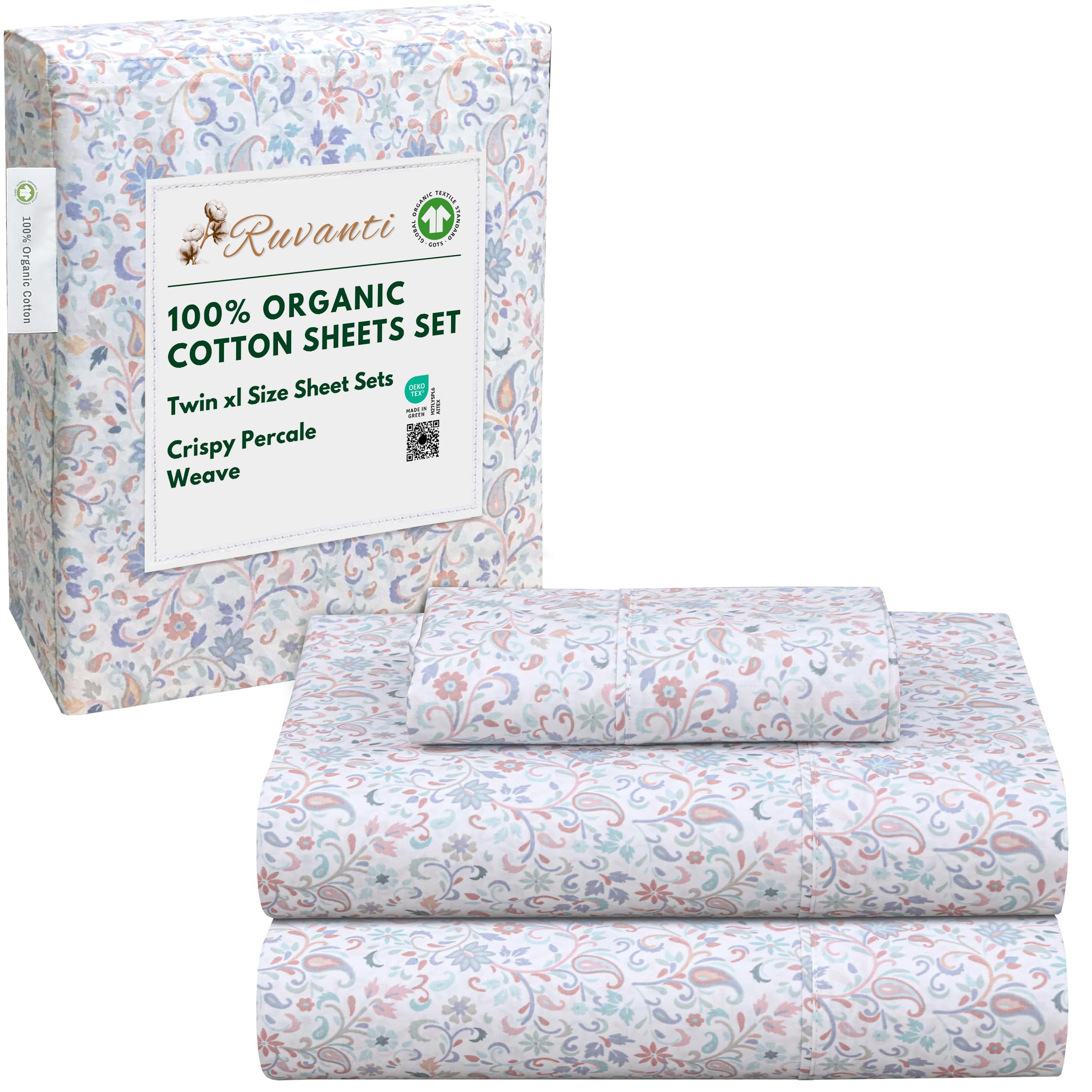 RUVANTI 100% Organic Cotton Sheets Queen Size, Percale Weave, GOTS Certified, 4-Piece Set, Deep Pocket 15", Crisp & Breathable, Soft Durable Bedding, Sábanas Algodón Orgánico – Daisy Bud