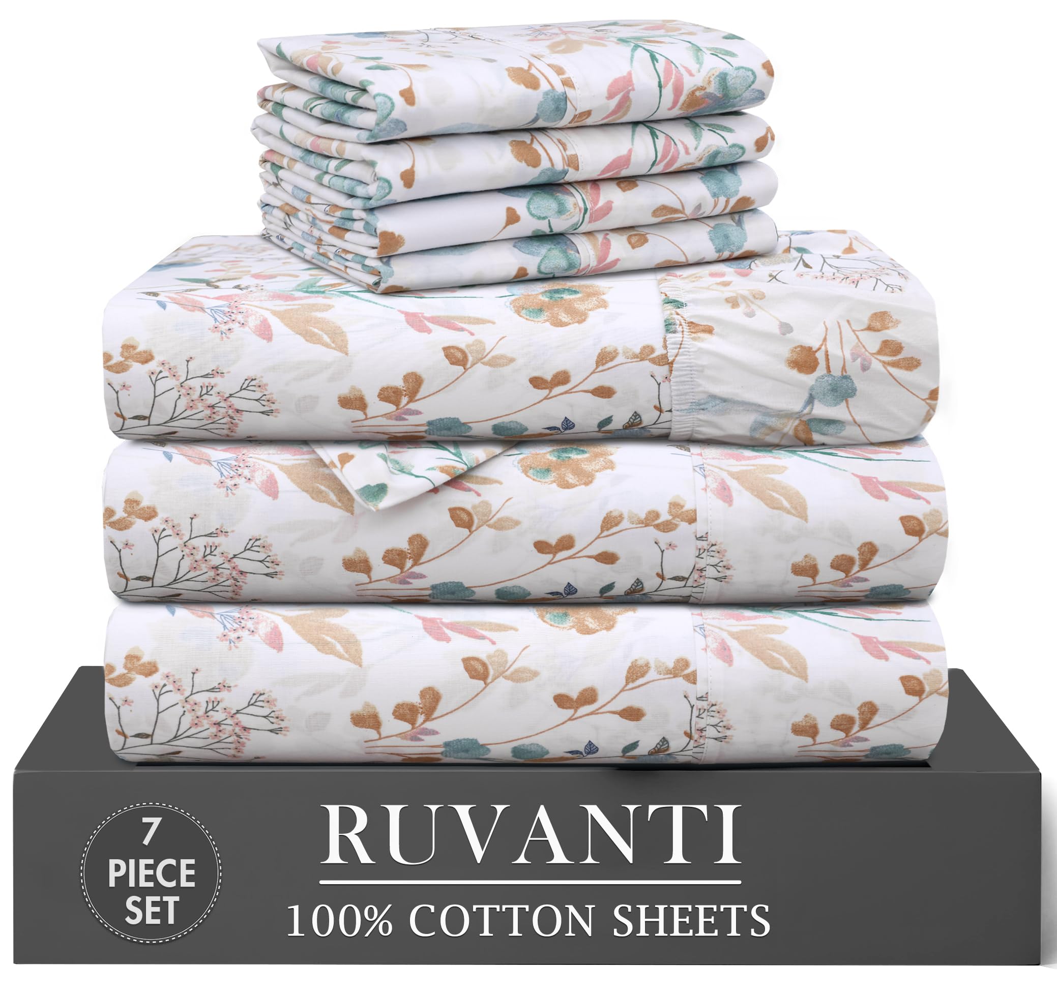 RUVANTI 6 Pcs Cotton Sheets - 100% Natural Cotton Soft, Lightweight & Breathable Crispy Percale Bed Sheets, Queen Sheet Set 16" Deep Pockets, Wild Flower