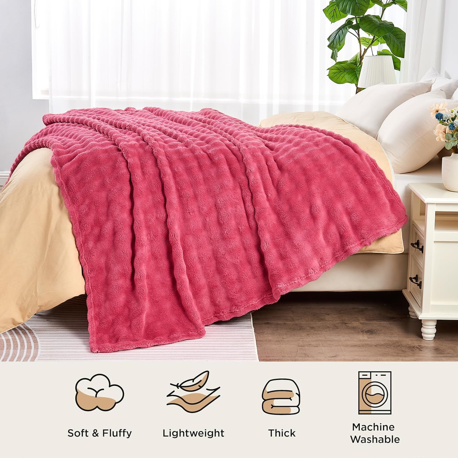 Wajade Soft Fleece Throw Blanket for Couch, 60x80 Inches 3D Bubble Decorative Cozy Fuzzy Flannel Blanket, Lightweight Warm Blanket for Bed Office, Coral Pink