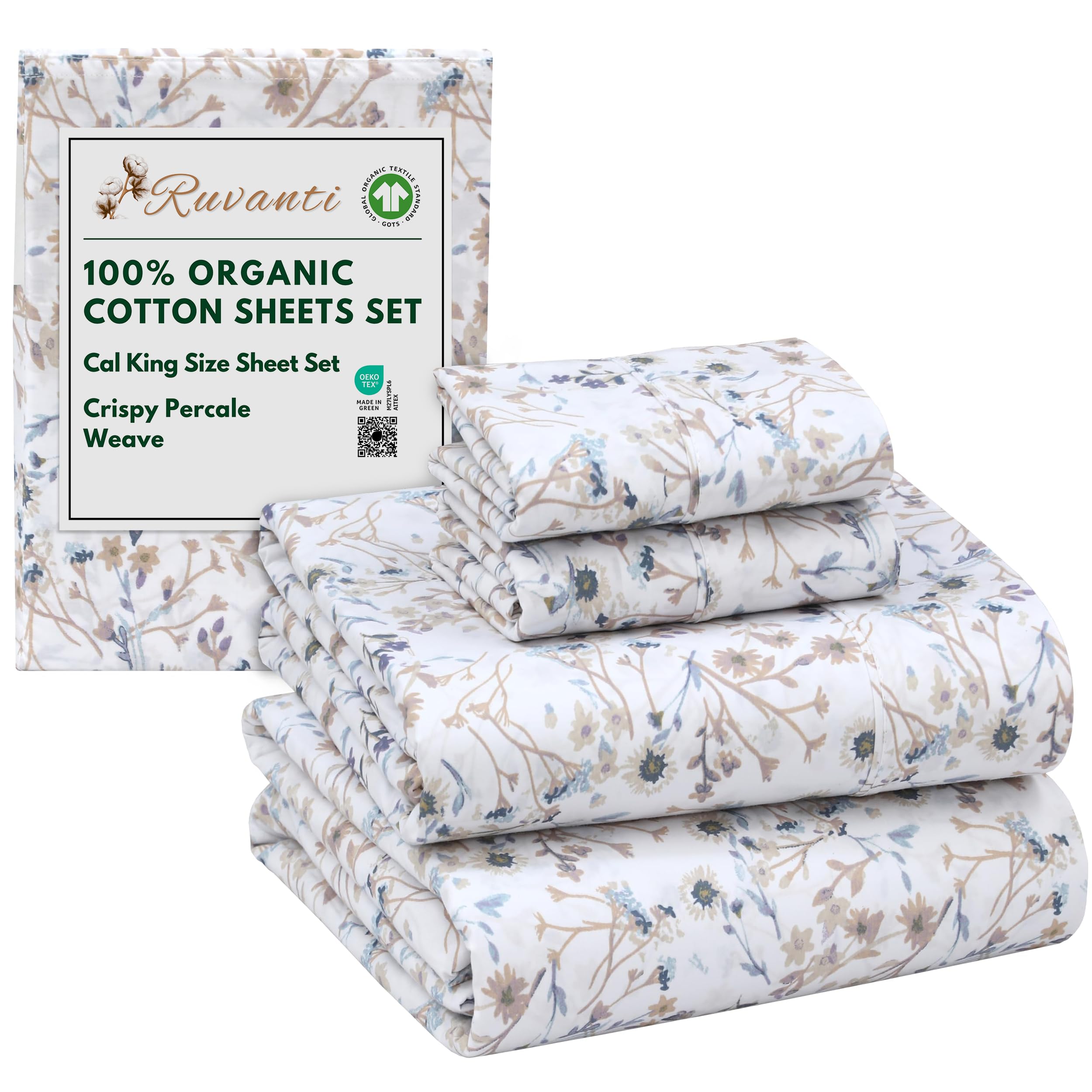RUVANTI 100% Organic Cotton Sheets Queen Size, Percale Weave, GOTS Certified, 4-Piece Set, Deep Pocket 15", Crisp & Breathable, Soft Durable Bedding, Sábanas Algodón Orgánico – Daisy Bud