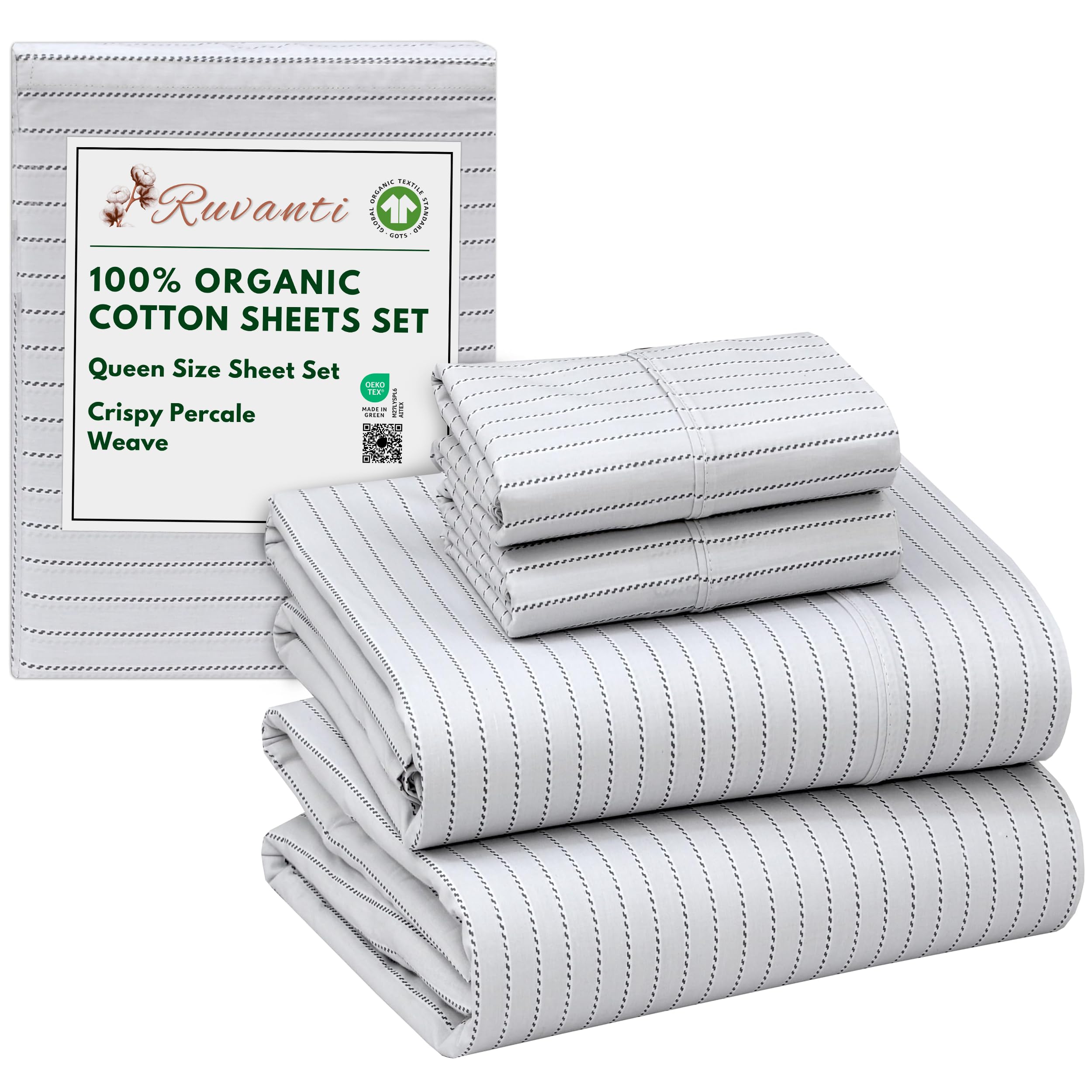 RUVANTI 100% Organic Cotton Sheets Queen Size, Percale Weave, GOTS Certified, 4-Piece Set, Deep Pocket 15", Crisp & Breathable, Soft Durable Bedding, Sábanas Algodón Orgánico – Daisy Bud