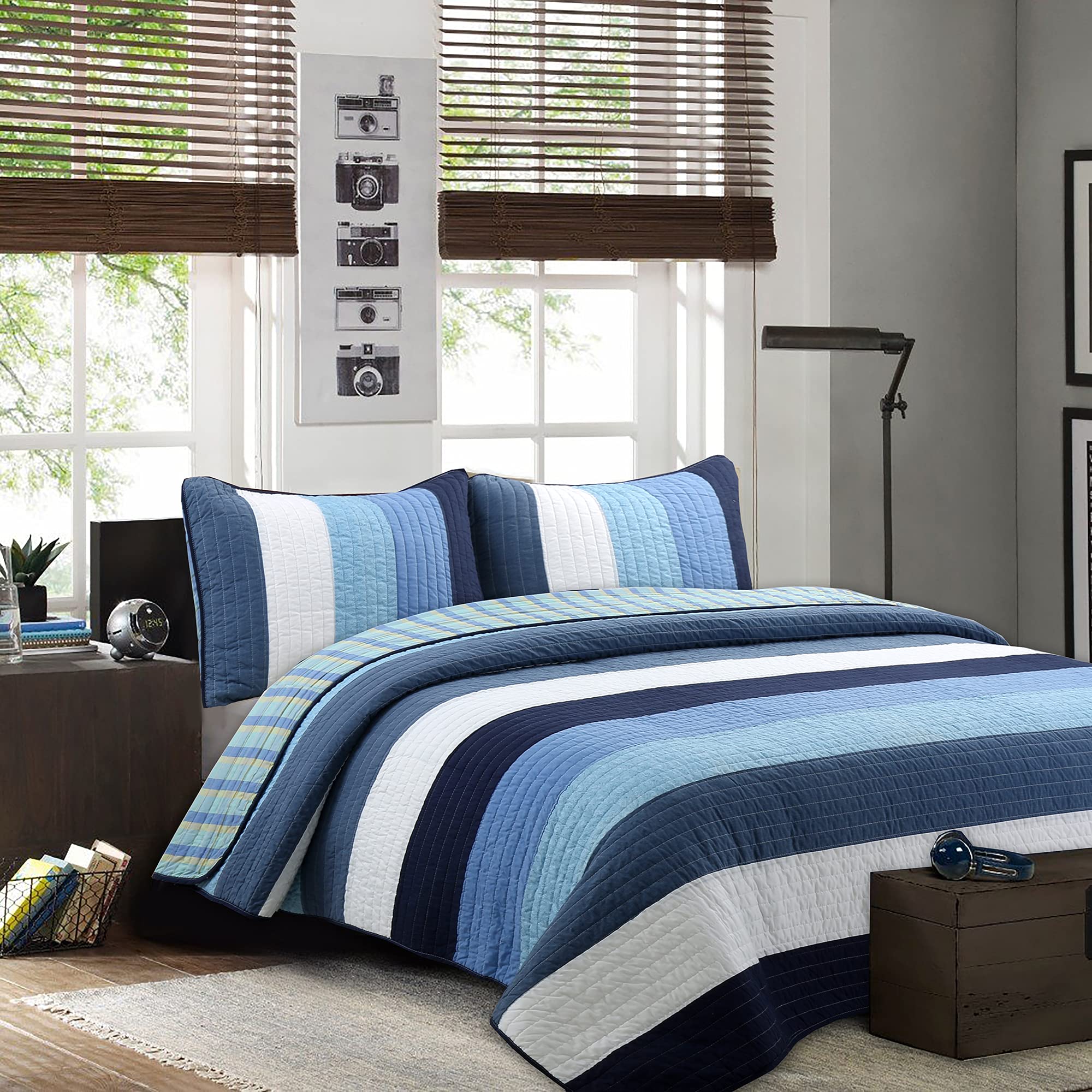 Cozy Line Home Fashions Benjamin Cute Dinosaur Plaid Navy Blue White Grey Bedding Quilt Set 100% Cotton Reversible Coverlet Bedspread Set for Kids Boy(Twin - 2 Piece)