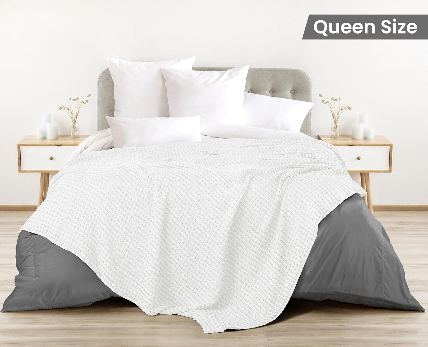 Utopia Bedding 100% Cotton Waffle Weave Blanket Queen Size for Bed - Lightweight, Breathable Summer Blankets Soft and Cozy, Gifts for Women Home Room Decor (White, 90x90 Inch)