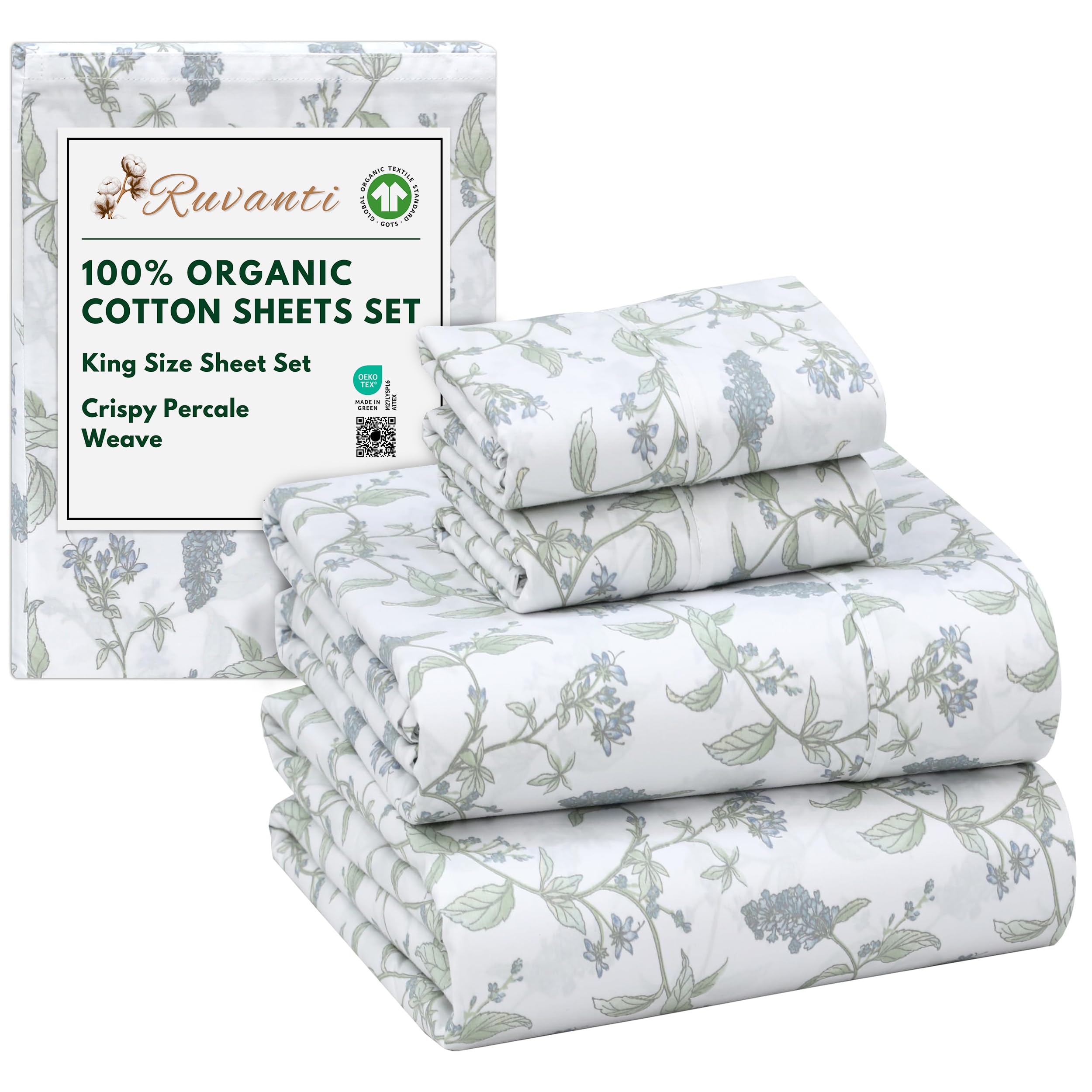 RUVANTI 100% Organic Cotton Sheets Queen Size, Percale Weave, GOTS Certified, 4-Piece Set, Deep Pocket 15", Crisp & Breathable, Soft Durable Bedding, Sábanas Algodón Orgánico – Daisy Bud