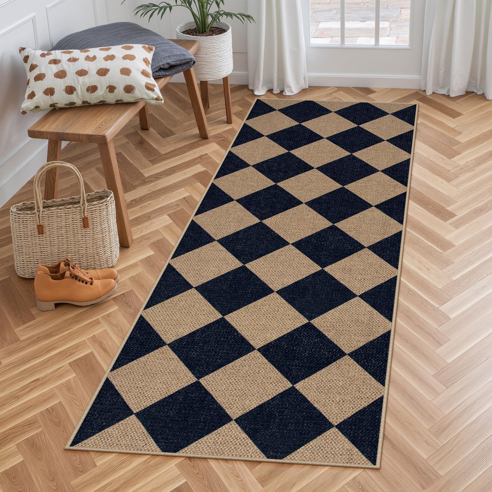 Lahome Colette Checkered Easy Jute Runner Rug, 2x8 Hallway Kitchen Runner Rug Non Slip Washable Outdoor Carpet for Entryway Indoor, Checkerboard Black Indoor Outdoor Carpet for Hallway 8ft Entry