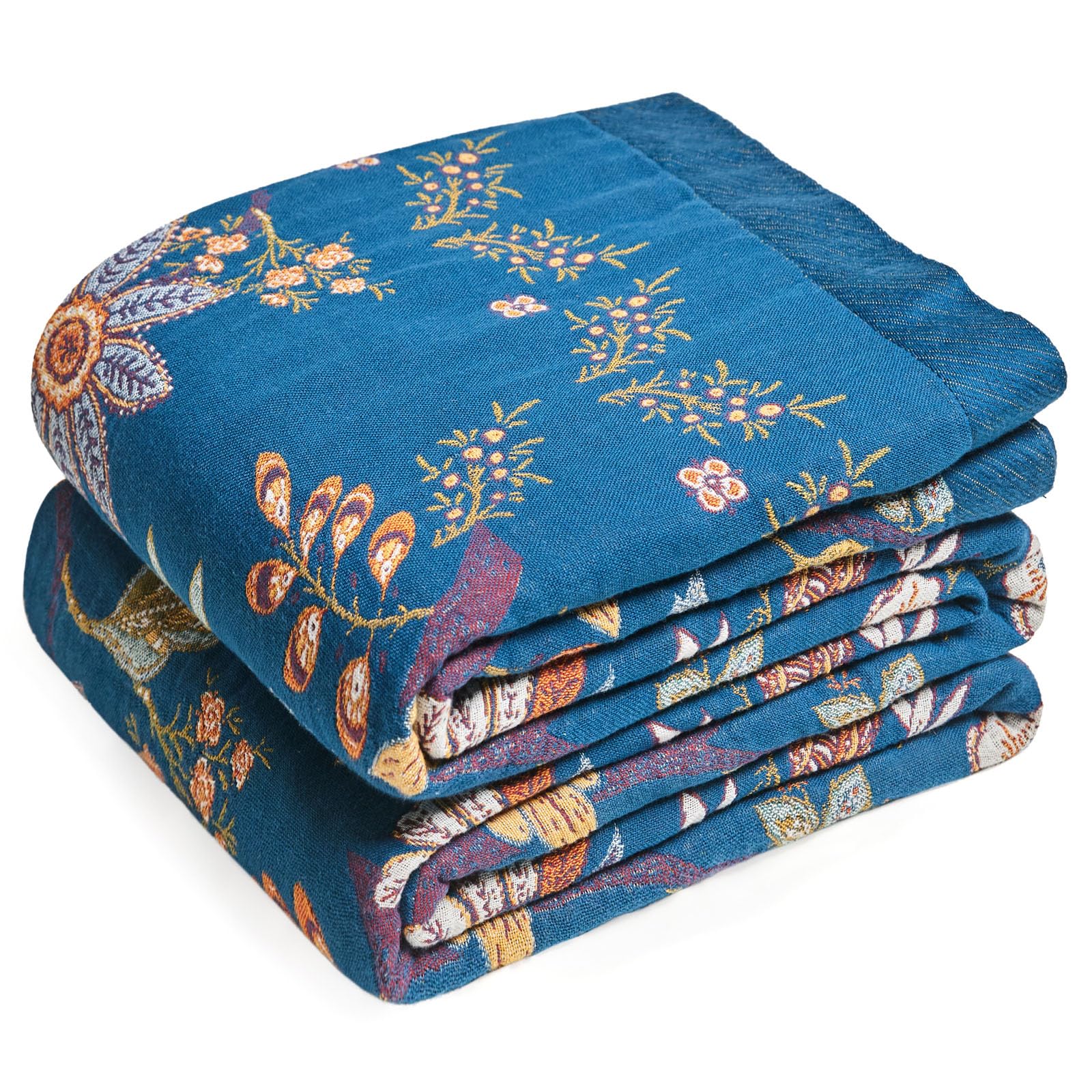 Boho Throw Blanket - 100% Cotton Soft Spring Throw Blanket for Bed, 90"x108" Reversible Breathable Lightweight Blankets, All Seasons Farmhouse Decor Floral Plant Butterfly Throw Quilt