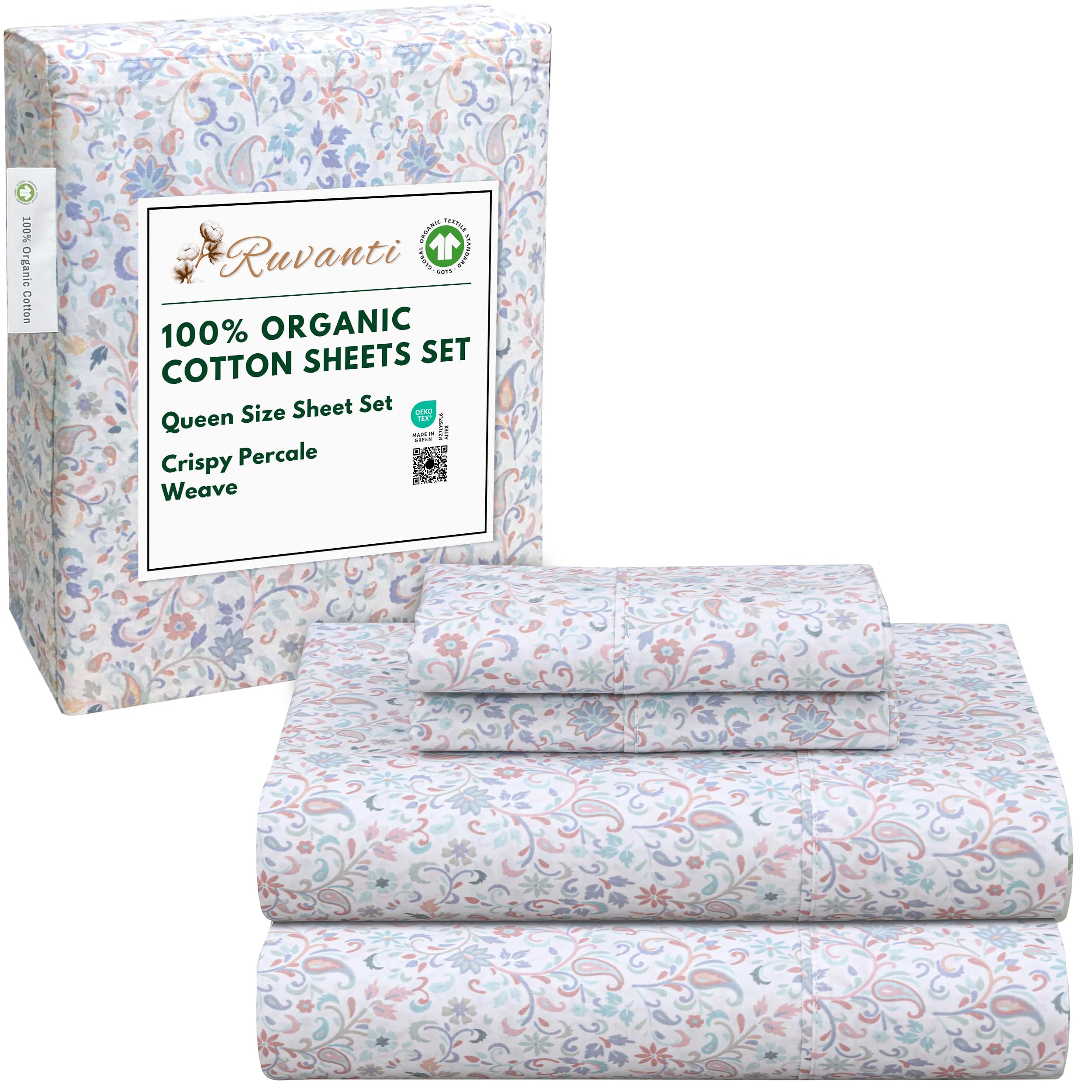 RUVANTI 100% Organic Cotton Sheets Queen Size, Percale Weave, GOTS Certified, 4-Piece Set, Deep Pocket 15", Crisp & Breathable, Soft Durable Bedding, Sábanas Algodón Orgánico – Daisy Bud