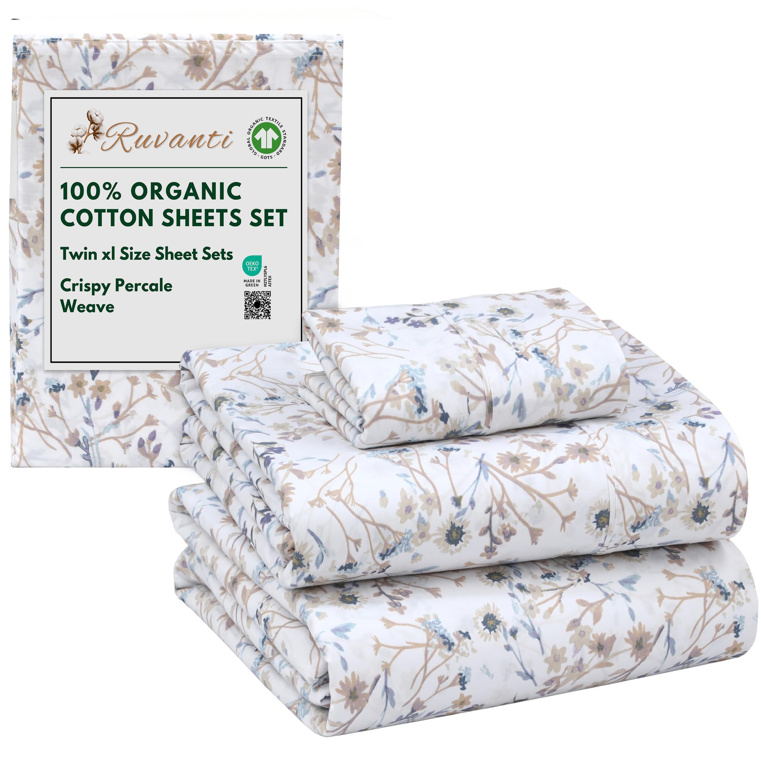 RUVANTI 100% Organic Cotton Sheets Queen Size, Percale Weave, GOTS Certified, 4-Piece Set, Deep Pocket 15", Crisp & Breathable, Soft Durable Bedding, Sábanas Algodón Orgánico – Daisy Bud