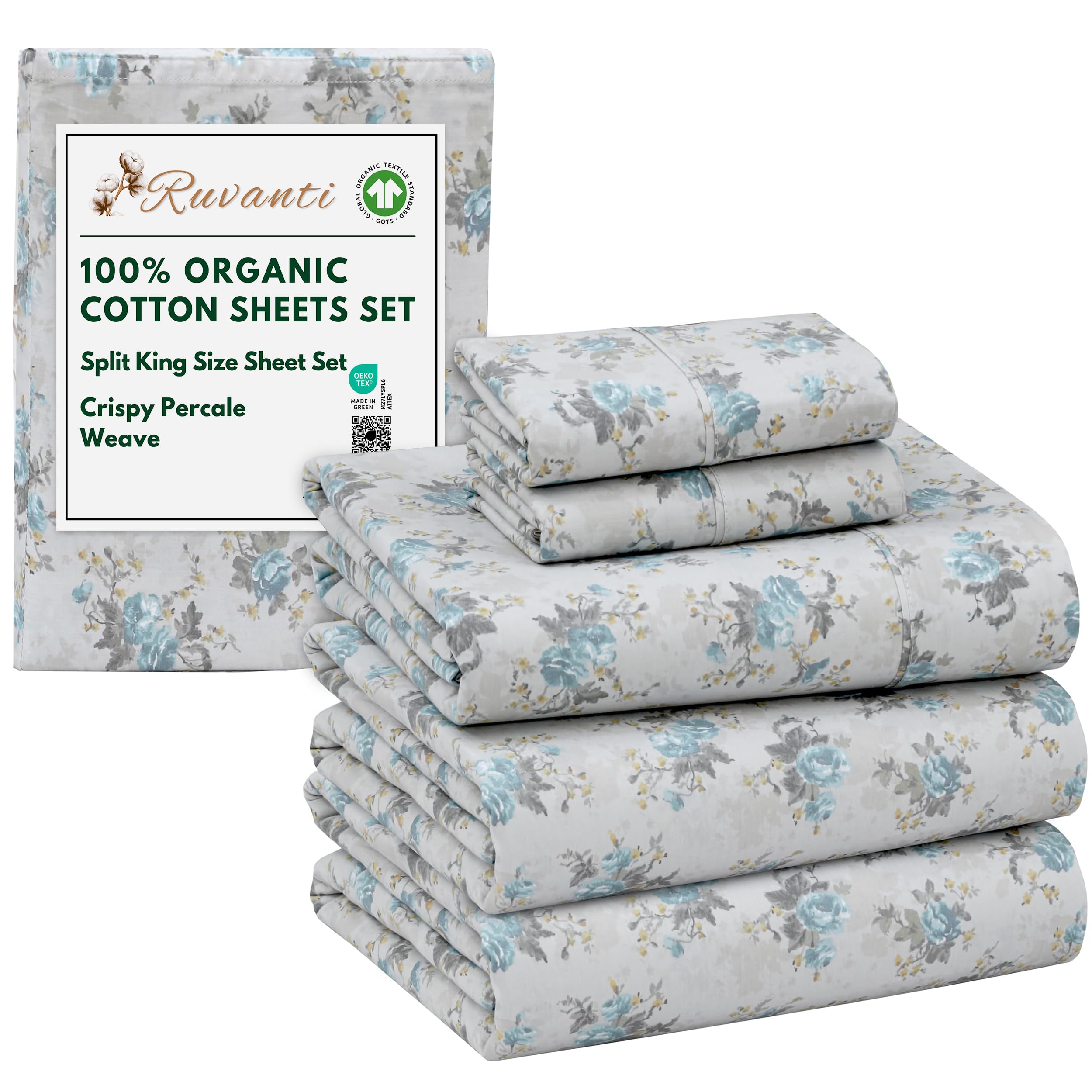 RUVANTI 100% Organic Cotton Sheets Queen Size, Percale Weave, GOTS Certified, 4-Piece Set, Deep Pocket 15", Crisp & Breathable, Soft Durable Bedding, Sábanas Algodón Orgánico – Daisy Bud